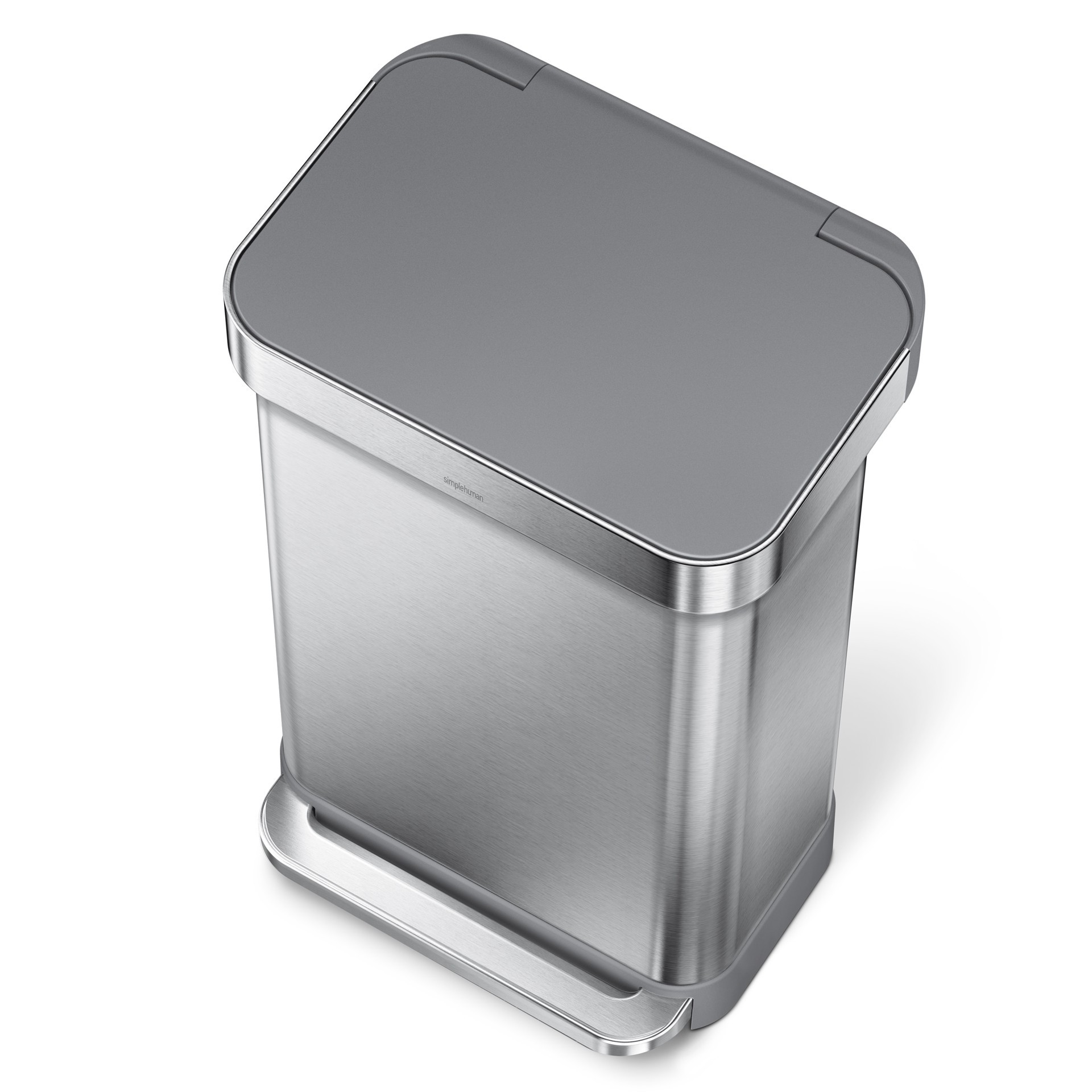 slide 3 of 6, simplehuman Liner Pocket Can with Soft-Close Grey Plastic Lid, 45 Liter Brushed Steel Indoor Kitchen Step Trash Can, 1 ct