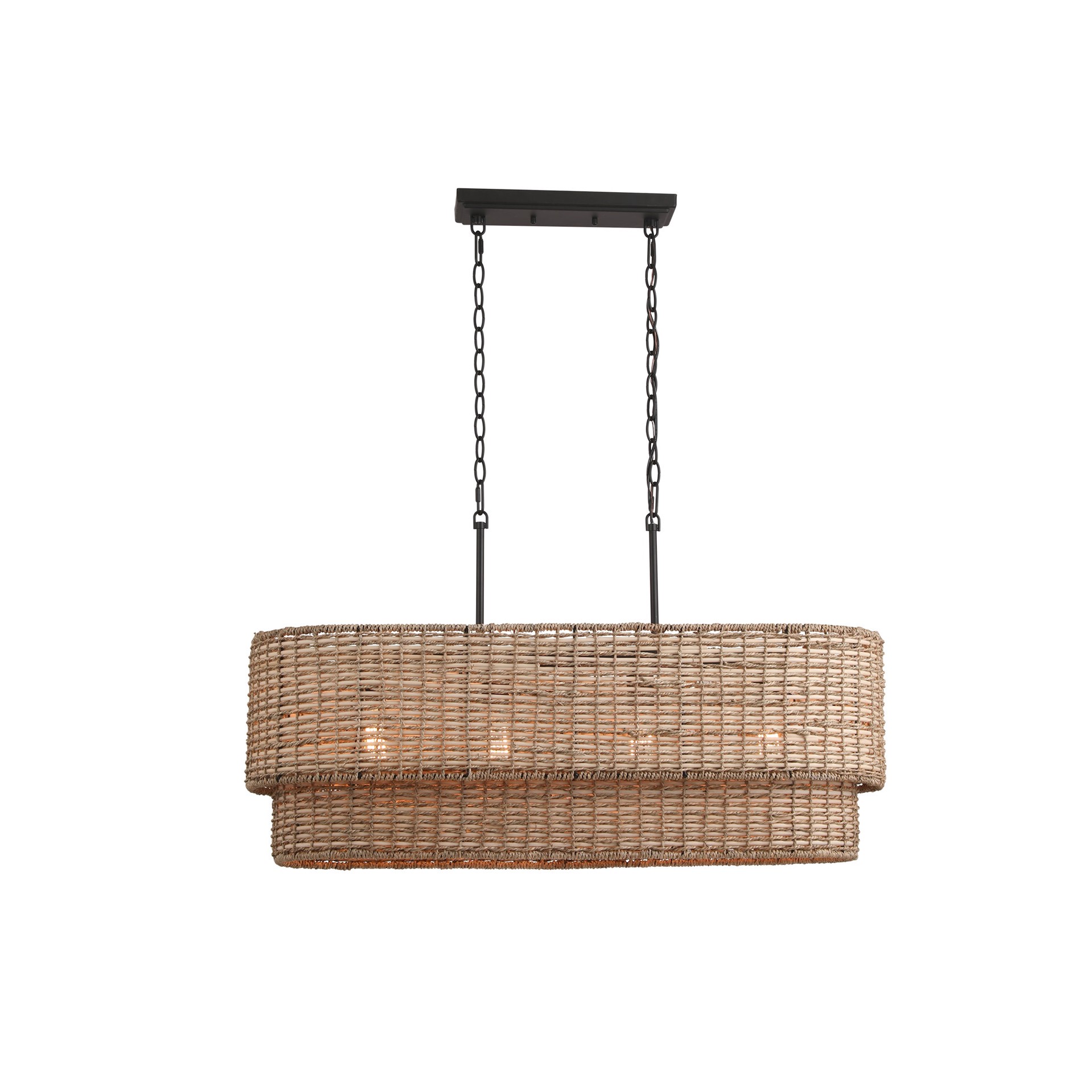 slide 2 of 6, allen + roth Adara 4 -Light Matte Black Canopy With Natural Rattan Shade Farmhouse Linear Large Hanging Pendant light, 1 ct