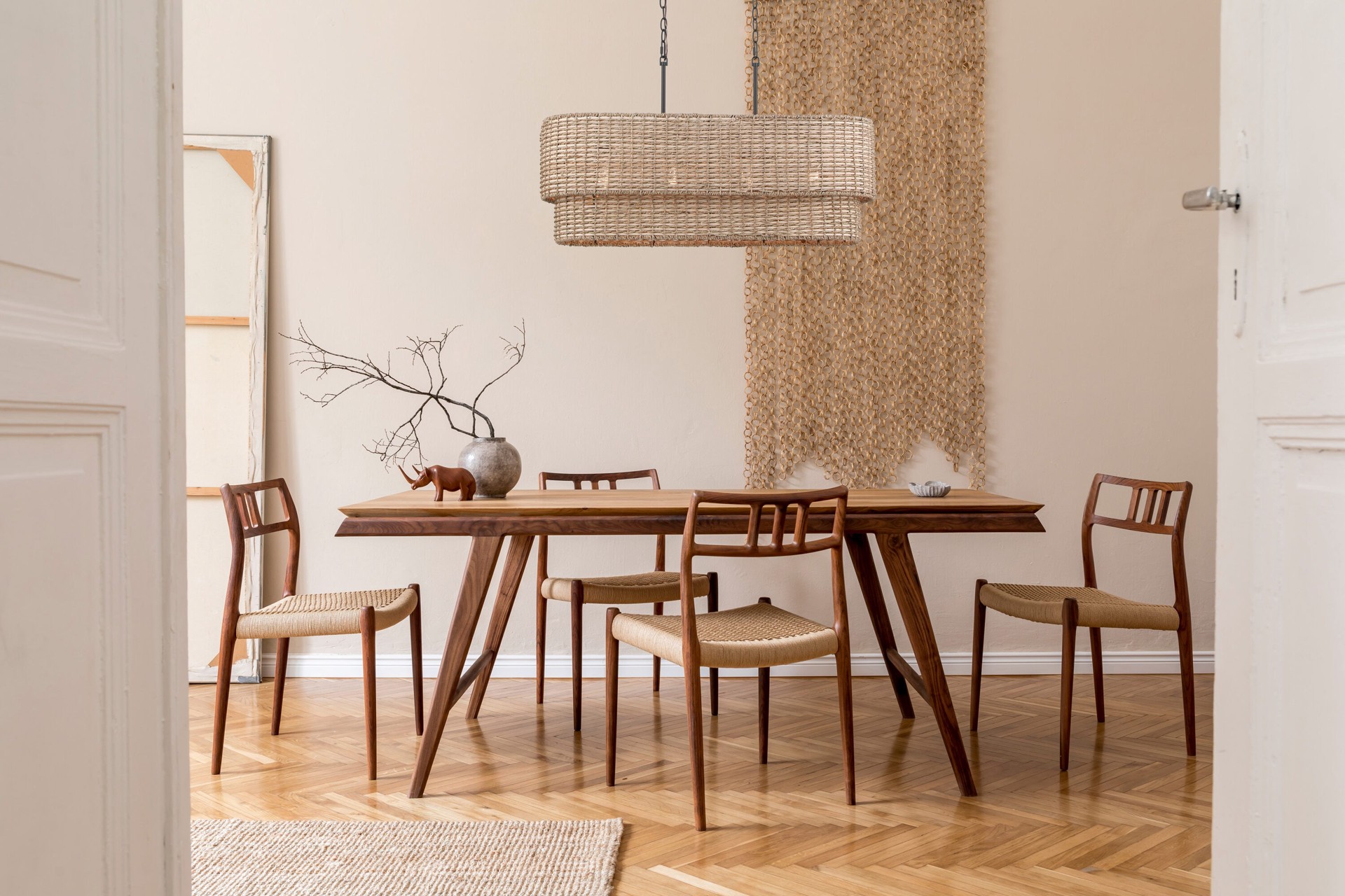 slide 3 of 6, allen + roth Adara 4 -Light Matte Black Canopy With Natural Rattan Shade Farmhouse Linear Large Hanging Pendant light, 1 ct