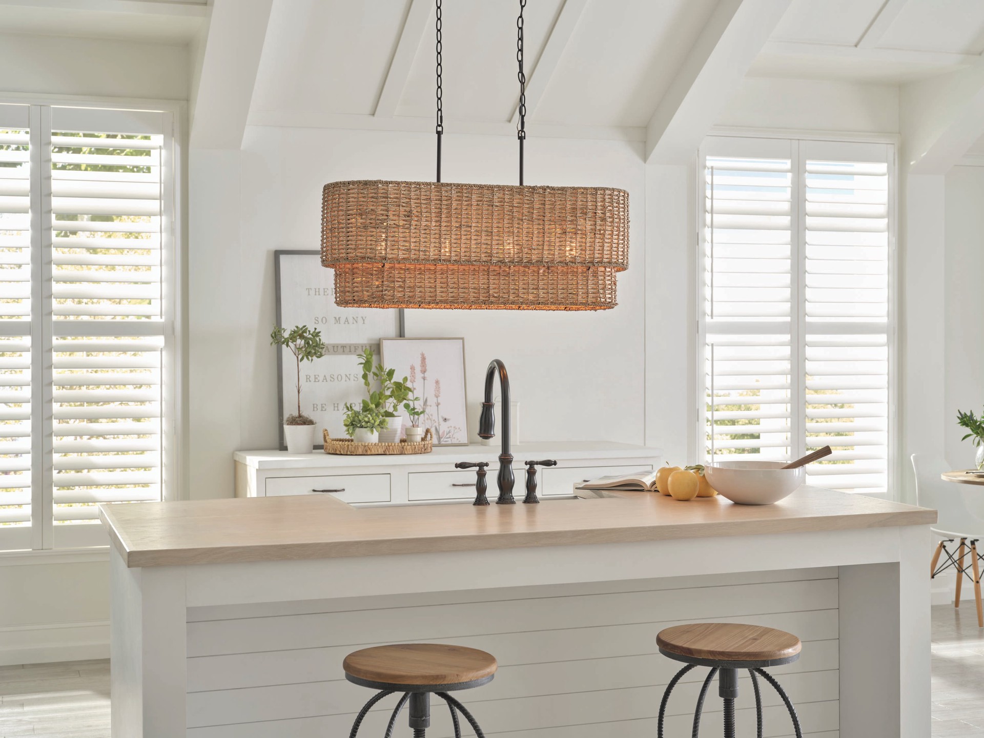 slide 1 of 6, allen + roth Adara 4 -Light Matte Black Canopy With Natural Rattan Shade Farmhouse Linear Large Hanging Pendant light, 1 ct