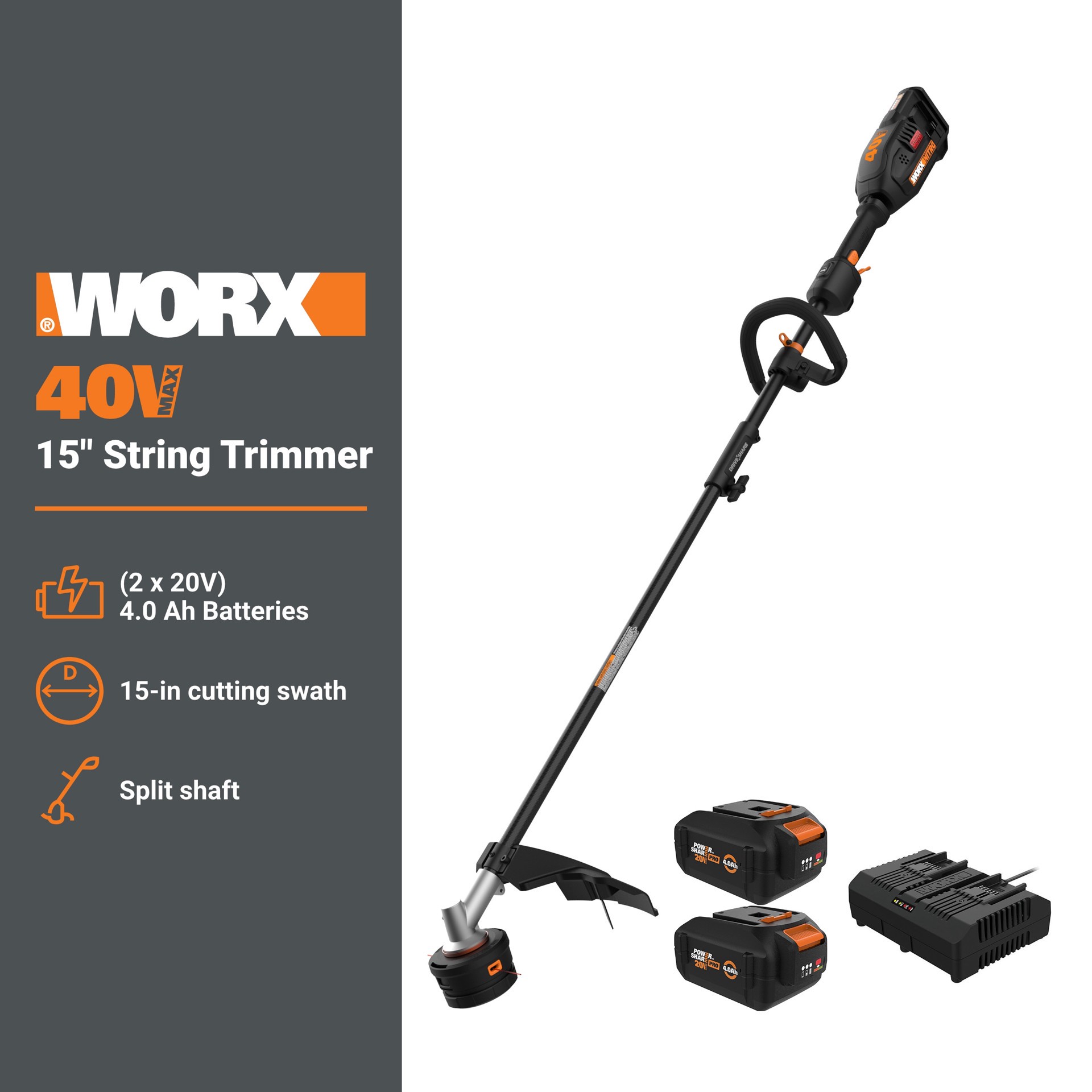 slide 2 of 6, WORX Nitro Power Share Brushless 40-volt 15-in Split Shaft Attachment Capable Battery String Trimmer 4 Ah (Battery Included) (Charger Included), 1 ct