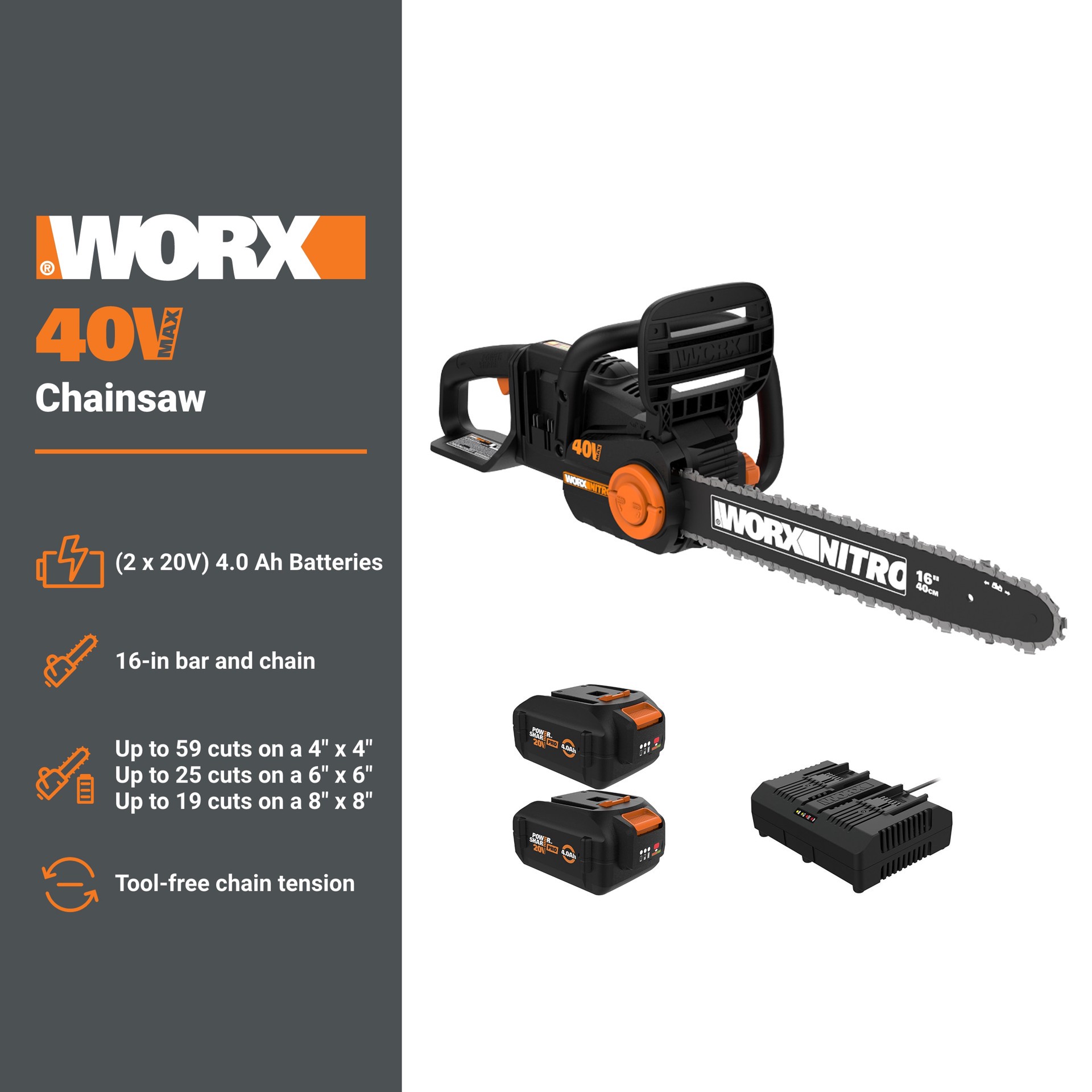 slide 2 of 6, WORX Nitro Power Share Brushless 40-volt 16-in Battery 4 Ah Chainsaw Battery Included Charger Included, 1 ct