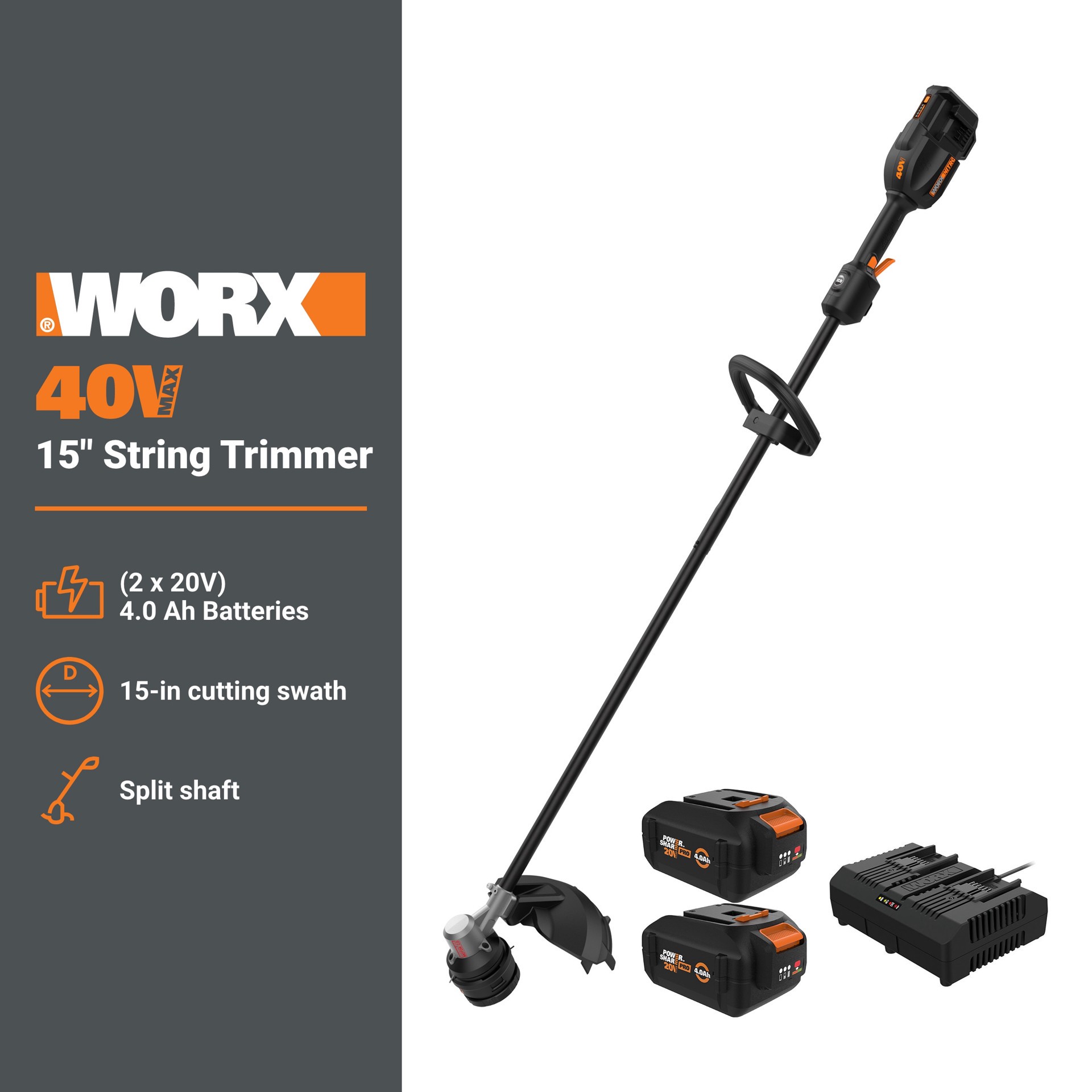 slide 2 of 6, WORX Nitro Power Share Brushless 40-volt 15-in Split Shaft Battery String Trimmer 4 Ah (Battery Included) (Charger Included), 1 ct