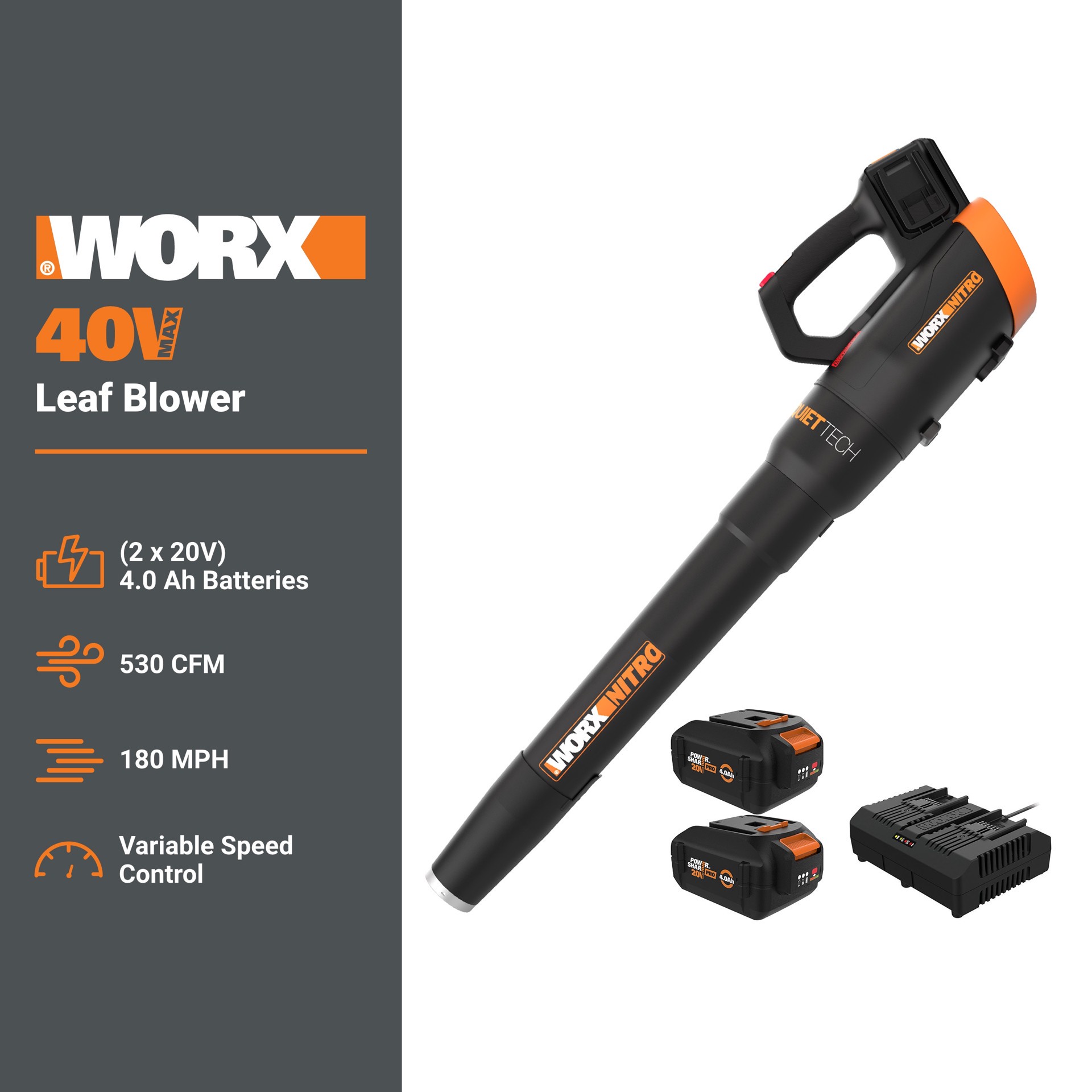 slide 2 of 6, WORX Nitro Power Share Quiet Tech 40v (2x20v) 530-CFM 180-MPH Cordless Battery Handheld Leaf Blower with (2) 20v 4-Ah Batteries and Charger Included, 1 ct