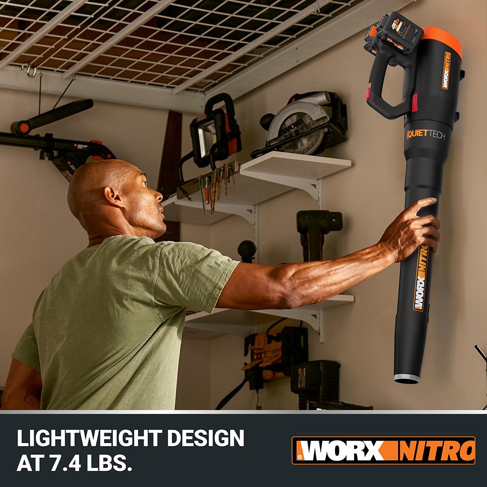 slide 5 of 6, WORX Nitro Power Share Quiet Tech 40v (2x20v) 530-CFM 180-MPH Cordless Battery Handheld Leaf Blower with (2) 20v 4-Ah Batteries and Charger Included, 1 ct