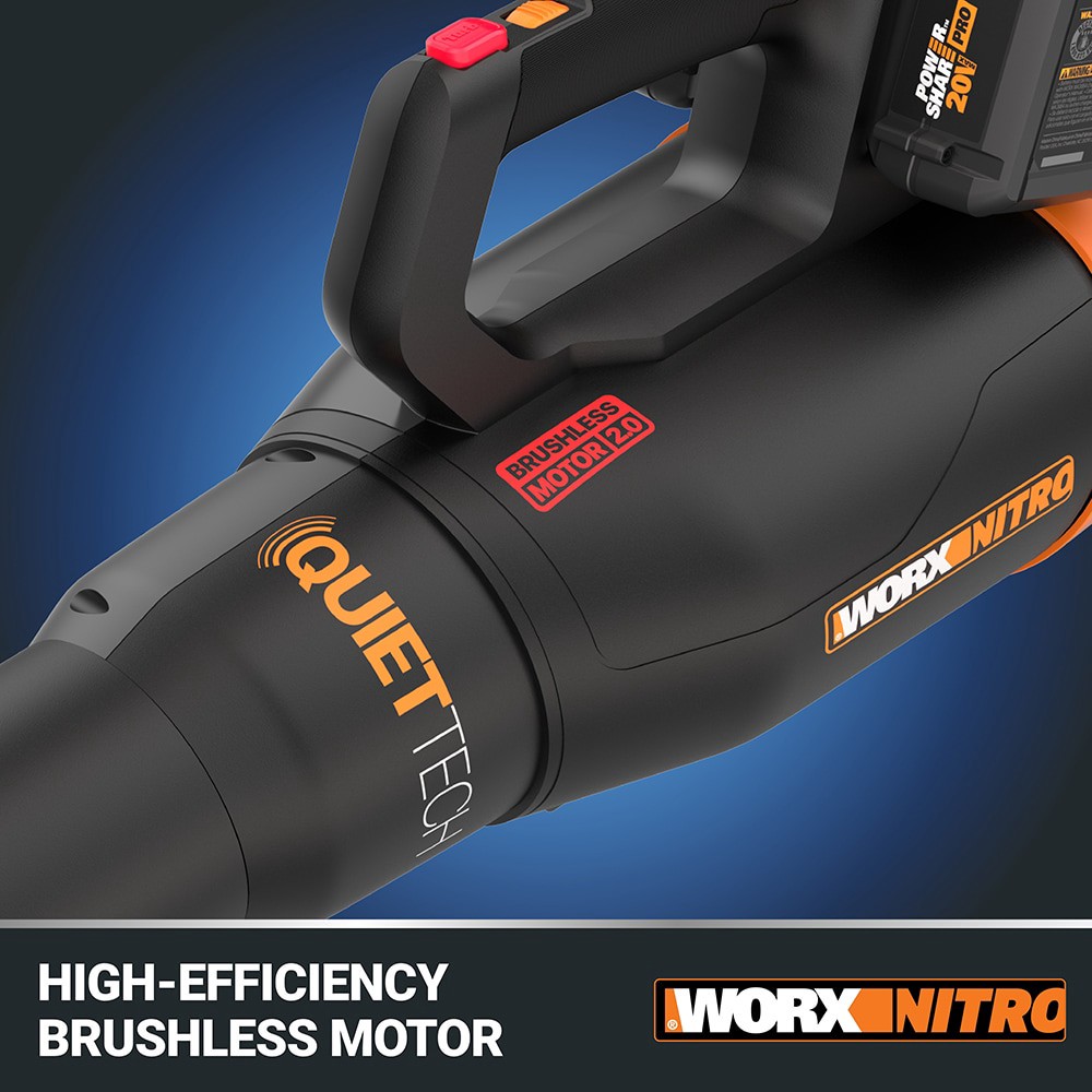 slide 6 of 6, WORX Nitro Power Share Quiet Tech 40v (2x20v) 530-CFM 180-MPH Cordless Battery Handheld Leaf Blower with (2) 20v 4-Ah Batteries and Charger Included, 1 ct