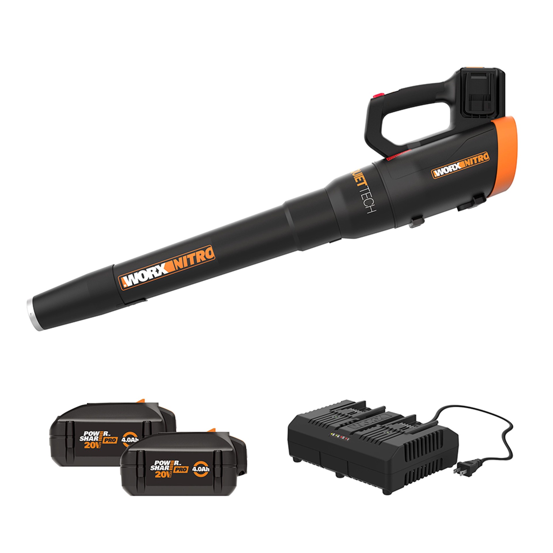 slide 1 of 6, WORX Nitro Power Share Quiet Tech 40v (2x20v) 530-CFM 180-MPH Cordless Battery Handheld Leaf Blower with (2) 20v 4-Ah Batteries and Charger Included, 1 ct