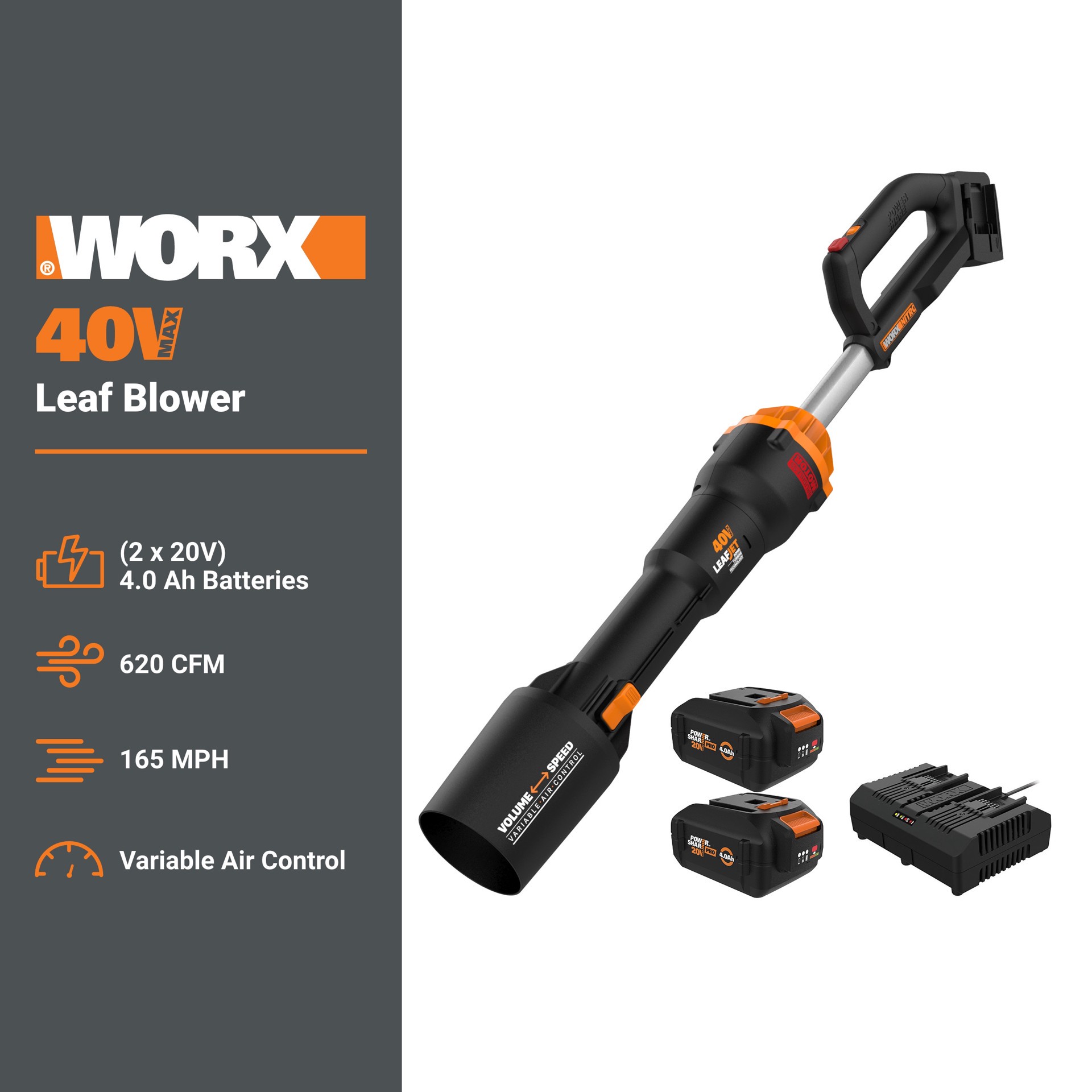 slide 2 of 6, WORX Nitro Powershare 40v (2x20v) 620-CFM 165-MPH Cordless Battery Handheld Leaf Blower with (2) 20v 4-Ah Batteries and Charger Included, 1 ct
