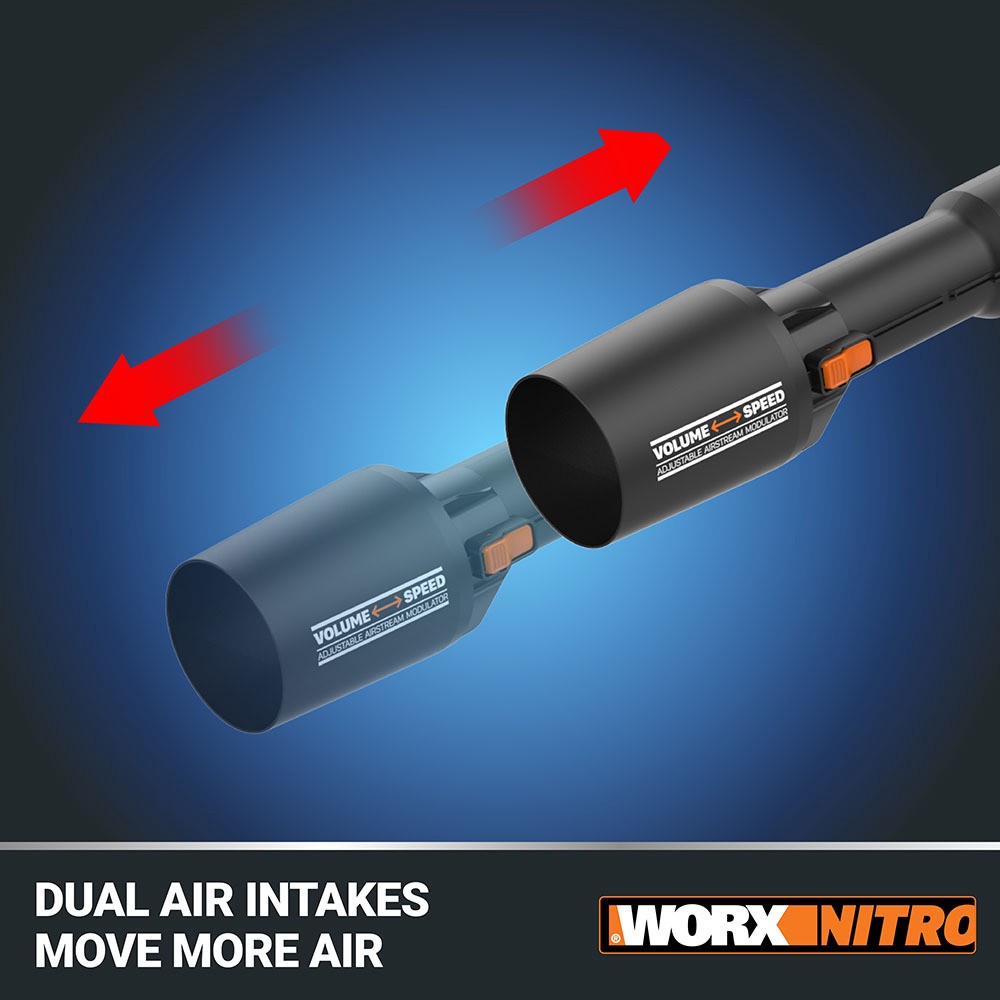 slide 6 of 6, WORX Nitro Powershare 40v (2x20v) 620-CFM 165-MPH Cordless Battery Handheld Leaf Blower with (2) 20v 4-Ah Batteries and Charger Included, 1 ct
