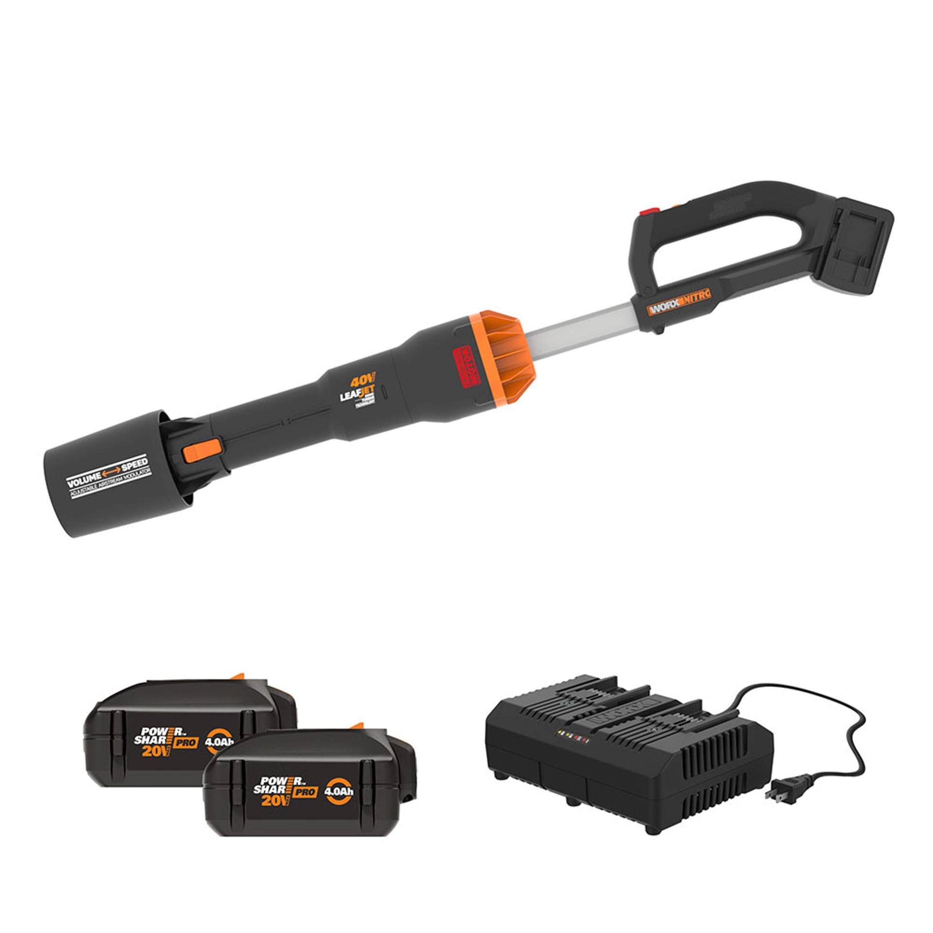 slide 1 of 6, WORX Nitro Powershare 40v (2x20v) 620-CFM 165-MPH Cordless Battery Handheld Leaf Blower with (2) 20v 4-Ah Batteries and Charger Included, 1 ct