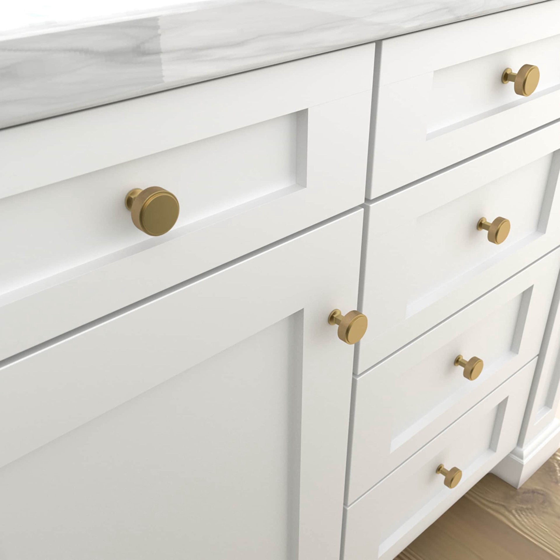 slide 5 of 6, allen + roth Hadley 1-1/4-in Brushed Gold Round Transitional Cabinet Knob, 1 ct