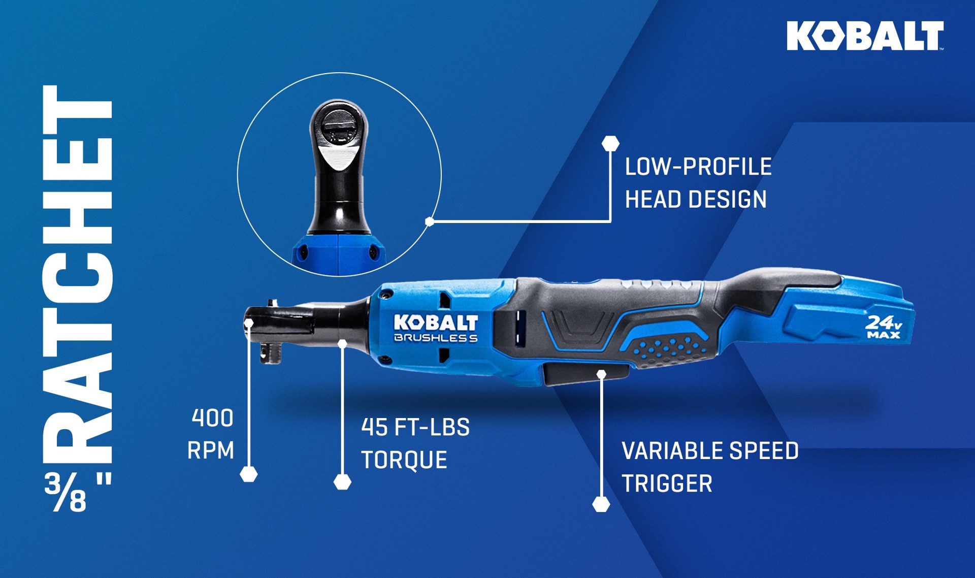 slide 3 of 6, Kobalt 24-volt Variable Speed Brushless 3/8-in Drive Cordless Ratchet Wrench (Battery Not Included and Charger Not Included), 1 ct
