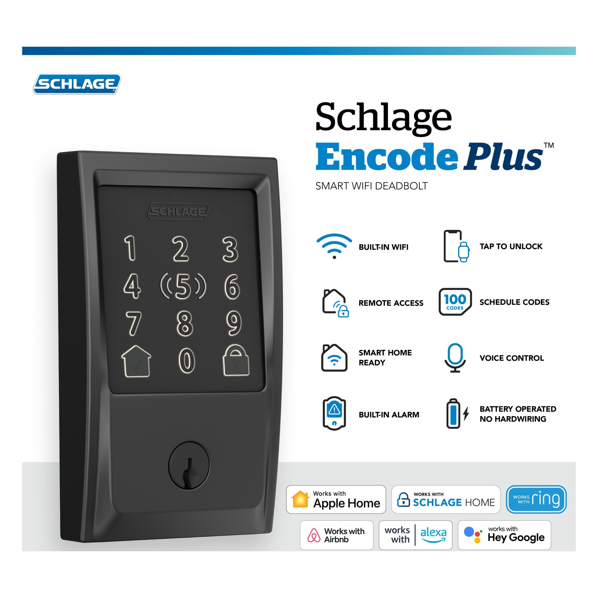 slide 3 of 6, Schlage Encode Plus Century Matte Black Smart Wi-Fi and Bluetooth Touchscreen Keypad Electronic Deadbolt Lock, 1 ct