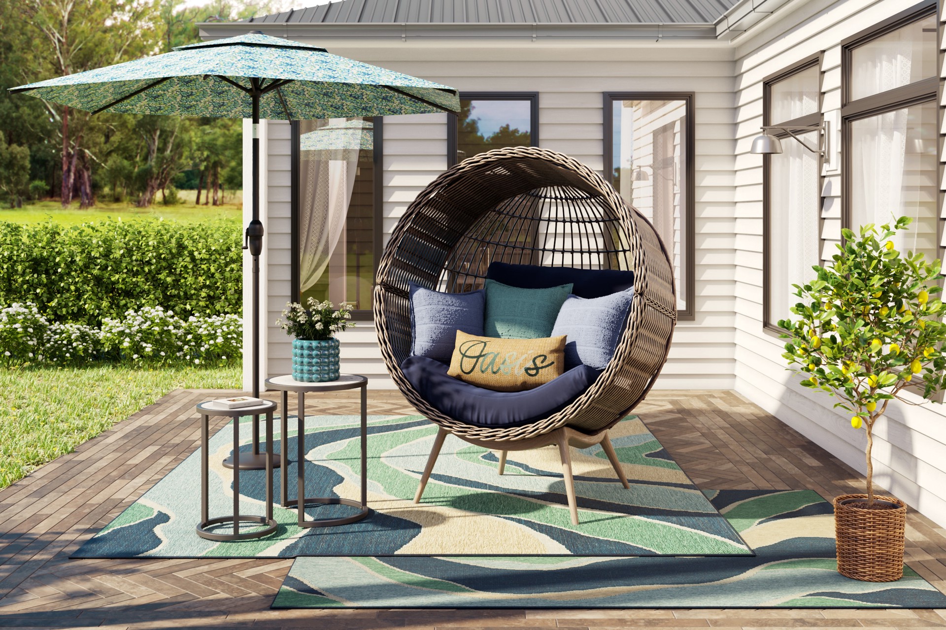 slide 6 of 6, Origin 21 with STAINMASTER Aqua Wave 5 x 7 (ft) Loomed Blue Rectangular Outdoor Pet Friendly Area rug, 1 ct