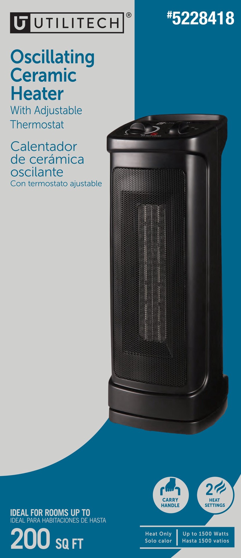 slide 3 of 6, Utilitech 1500 -Watt Ceramic Tower Indoor Electric Space Heater with Thermostat, 1 ct
