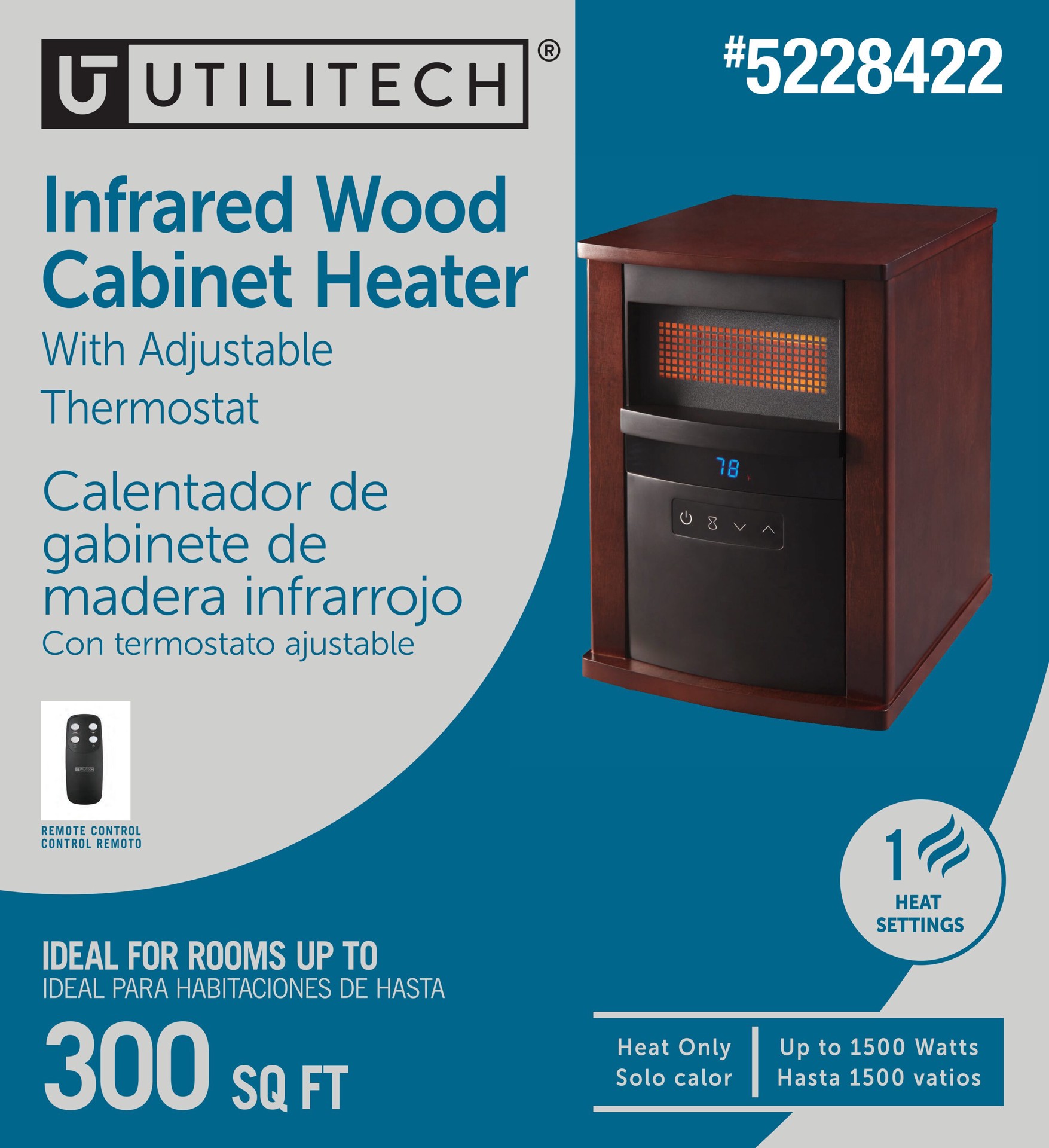 slide 3 of 6, Utilitech 1500 -Watt Infrared quartz Cabinet Indoor Electric Space Heater with Thermostat with Remote, 1 ct