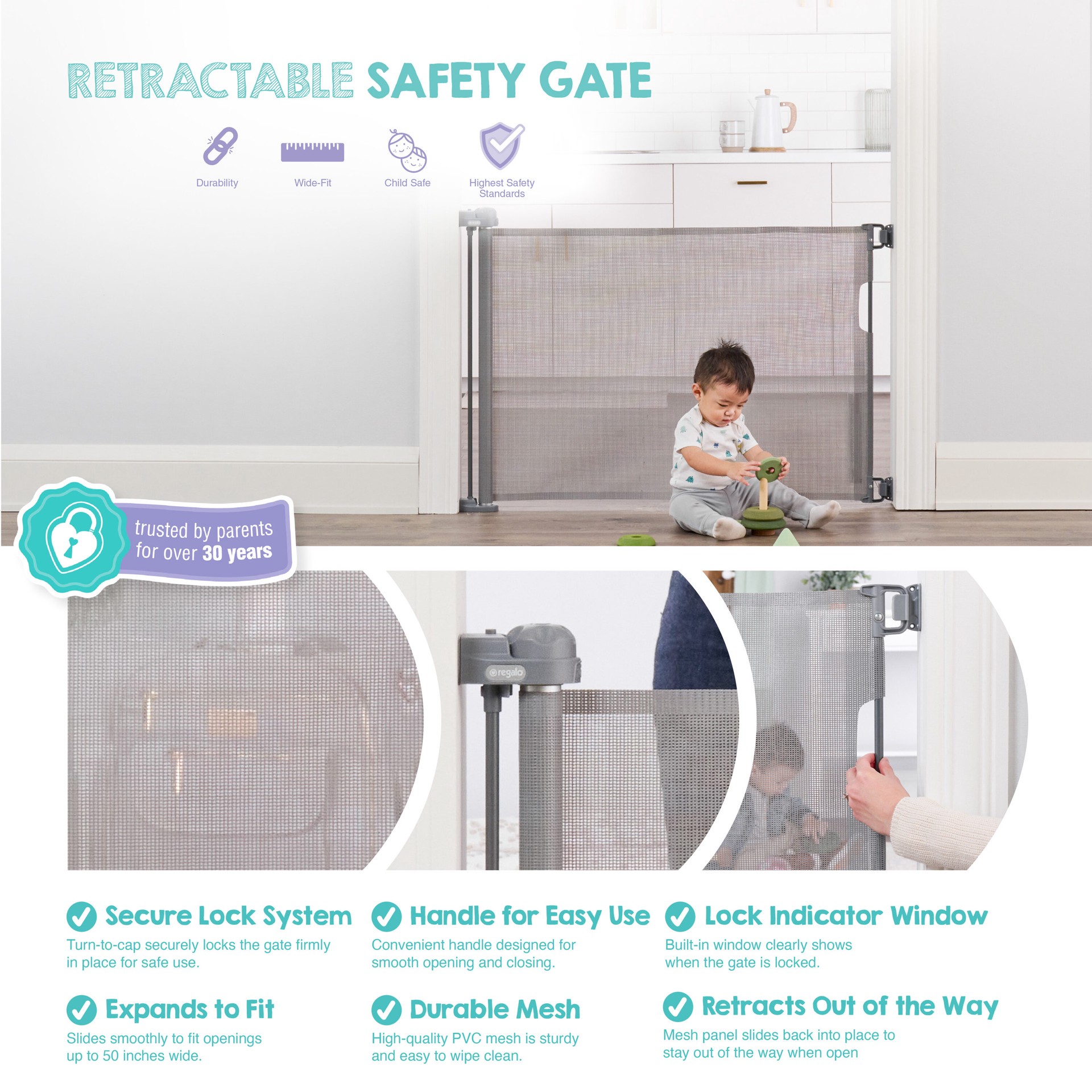 slide 3 of 6, Regalo Retractable Gate 50-in x 30-in Hardware Mounted Gray Plastic Safety Gate, 1 ct