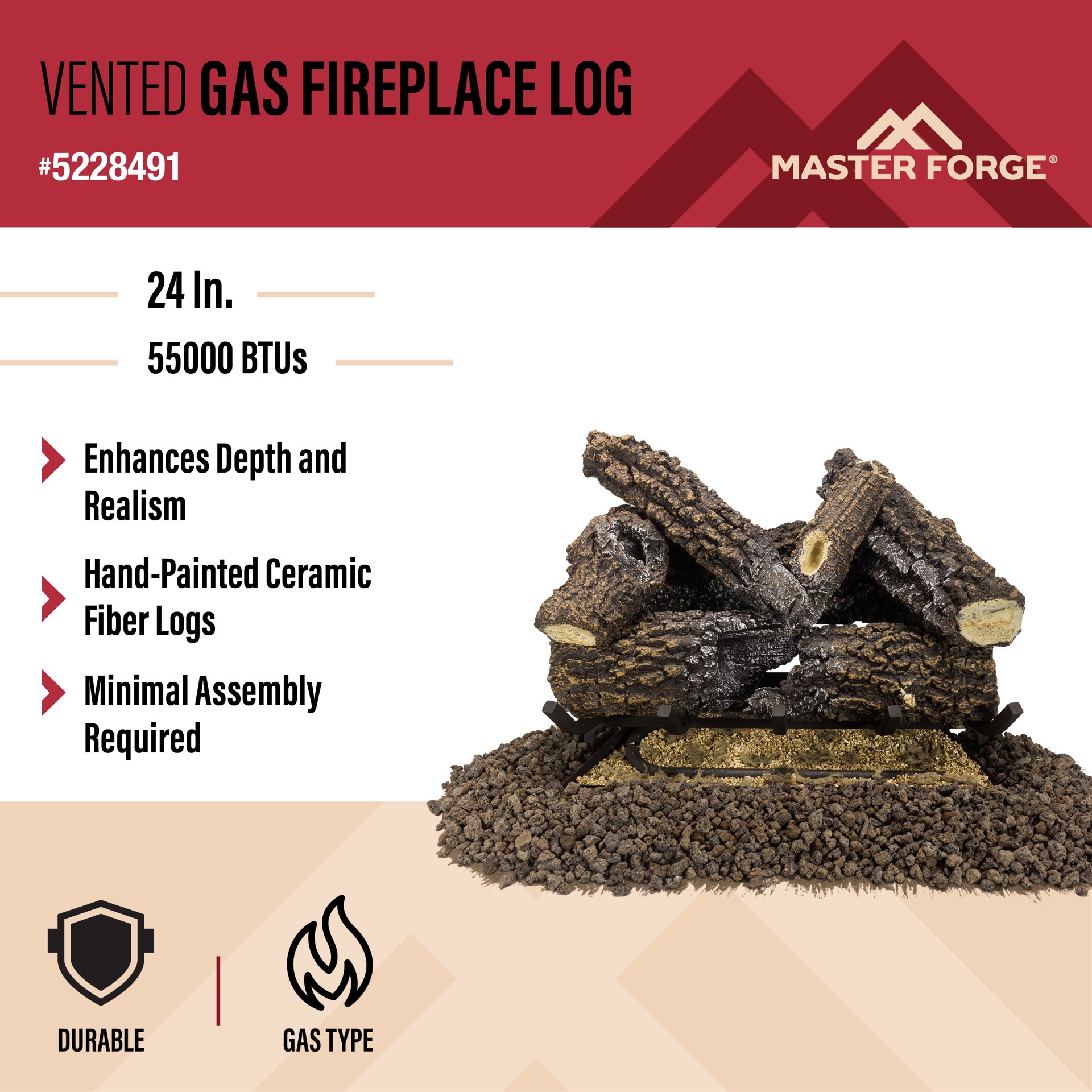 slide 3 of 6, Master Forge 24-in 55000 -BTU Natural gas Dual -Burner Vented Gas Fireplace Logs, 1 ct