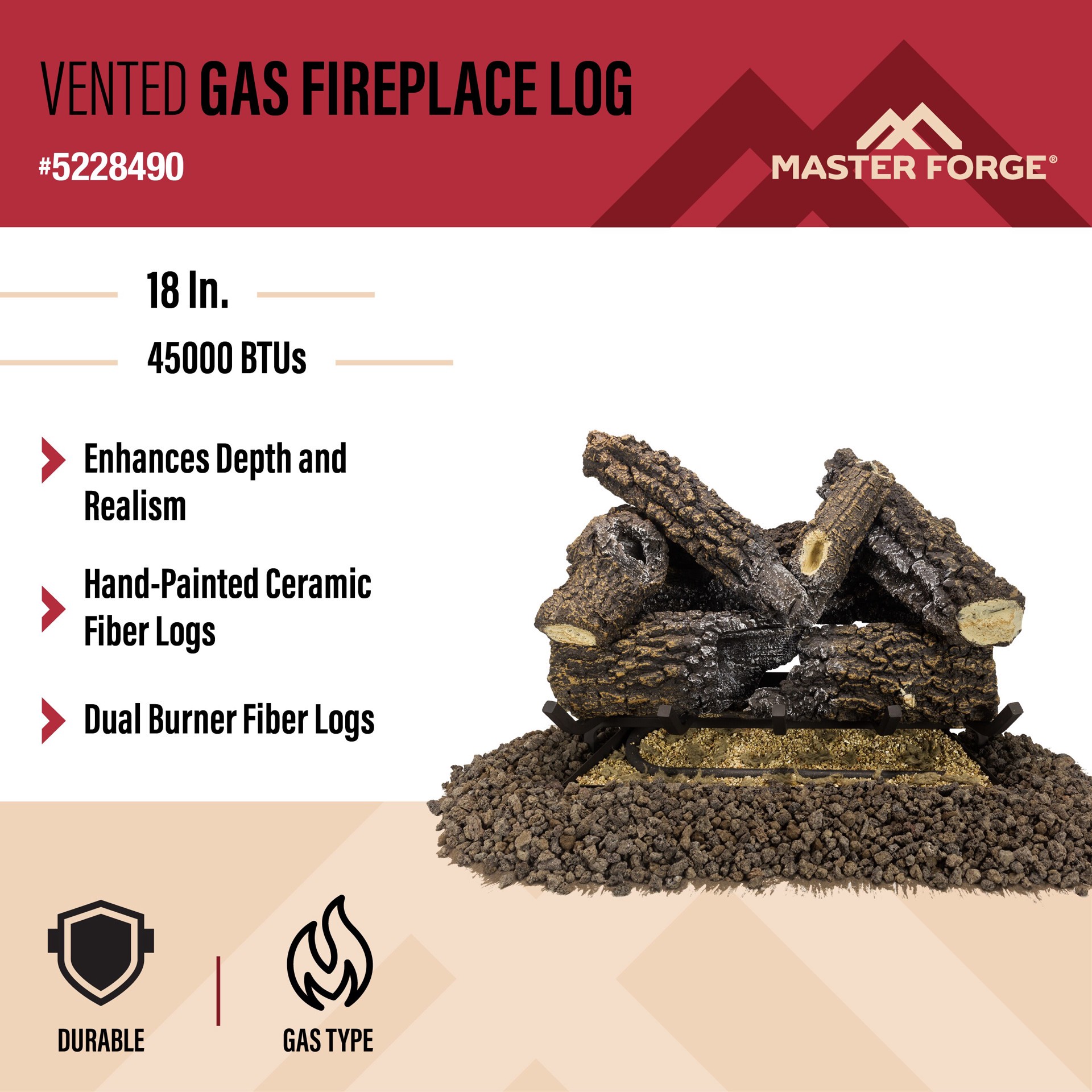 slide 3 of 6, Master Forge 18-in 45000 -BTU Natural gas Dual -Burner Vented Gas Fireplace Logs, 1 ct