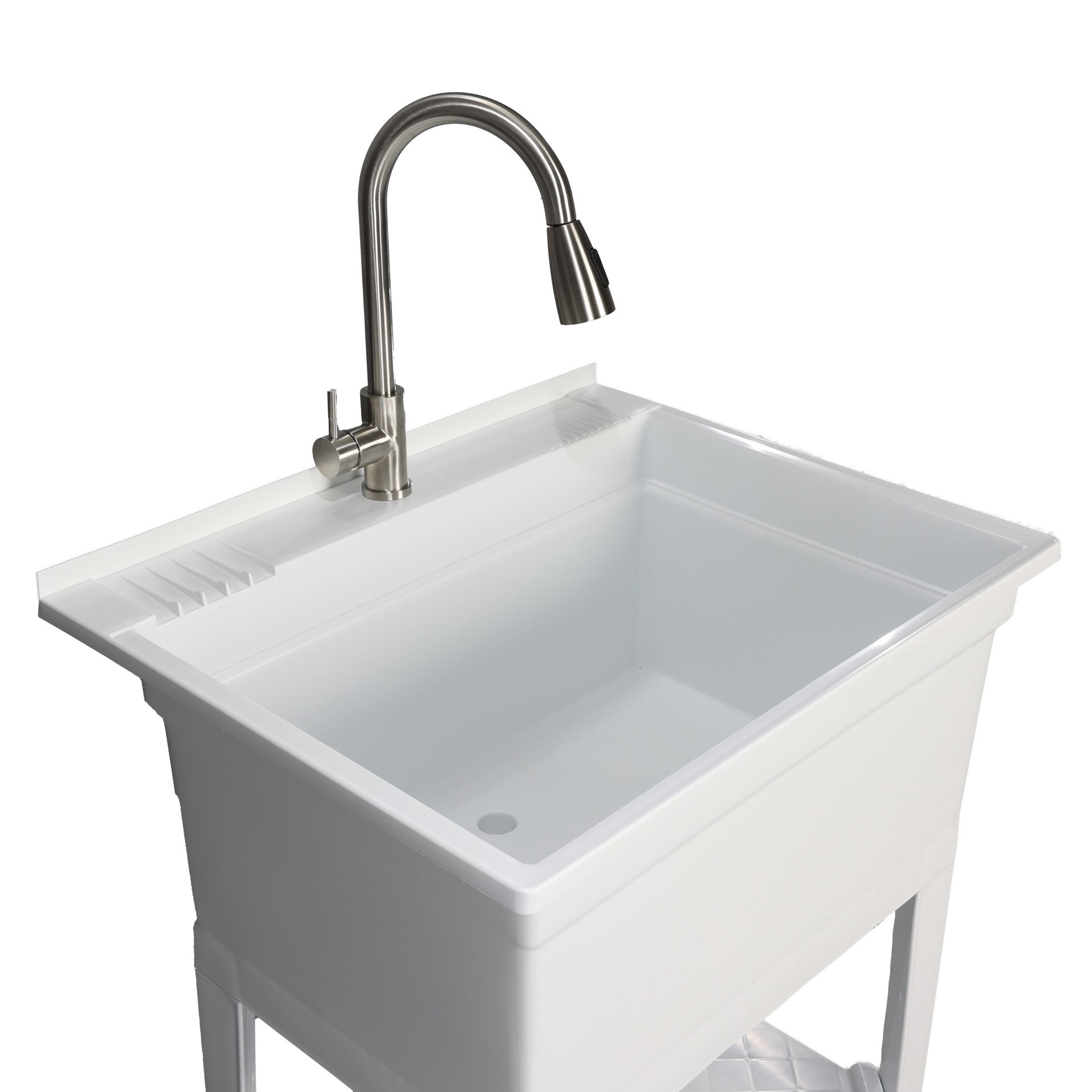 slide 3 of 6, Project Source 30-in x 24-in 1 -Basin White Freestanding Utility tub with Cabinet with Drain with Faucet, 1 ct