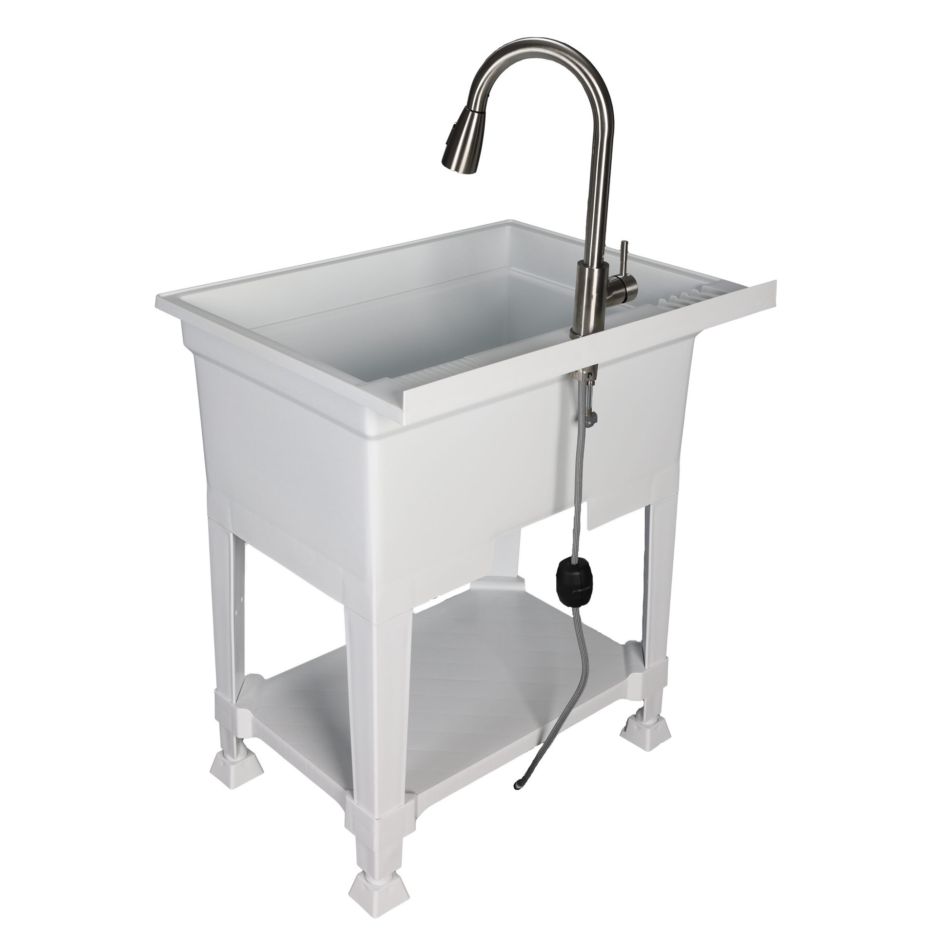slide 4 of 6, Project Source 30-in x 24-in 1 -Basin White Freestanding Utility tub with Cabinet with Drain with Faucet, 1 ct
