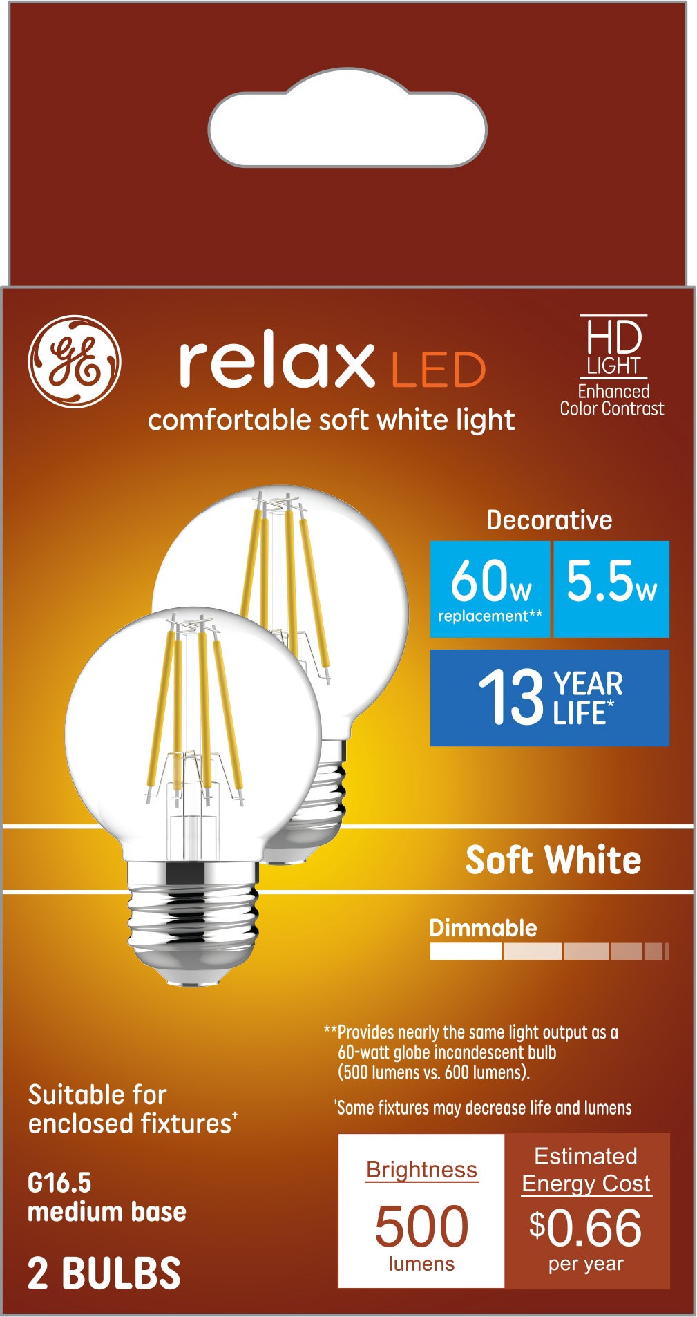 slide 1 of 6, GE 60 -Watt EQ G16.5 Soft white Medium base (E-26) Dimmable LED Decorative Light Bulb 2 -Pack, 1 ct