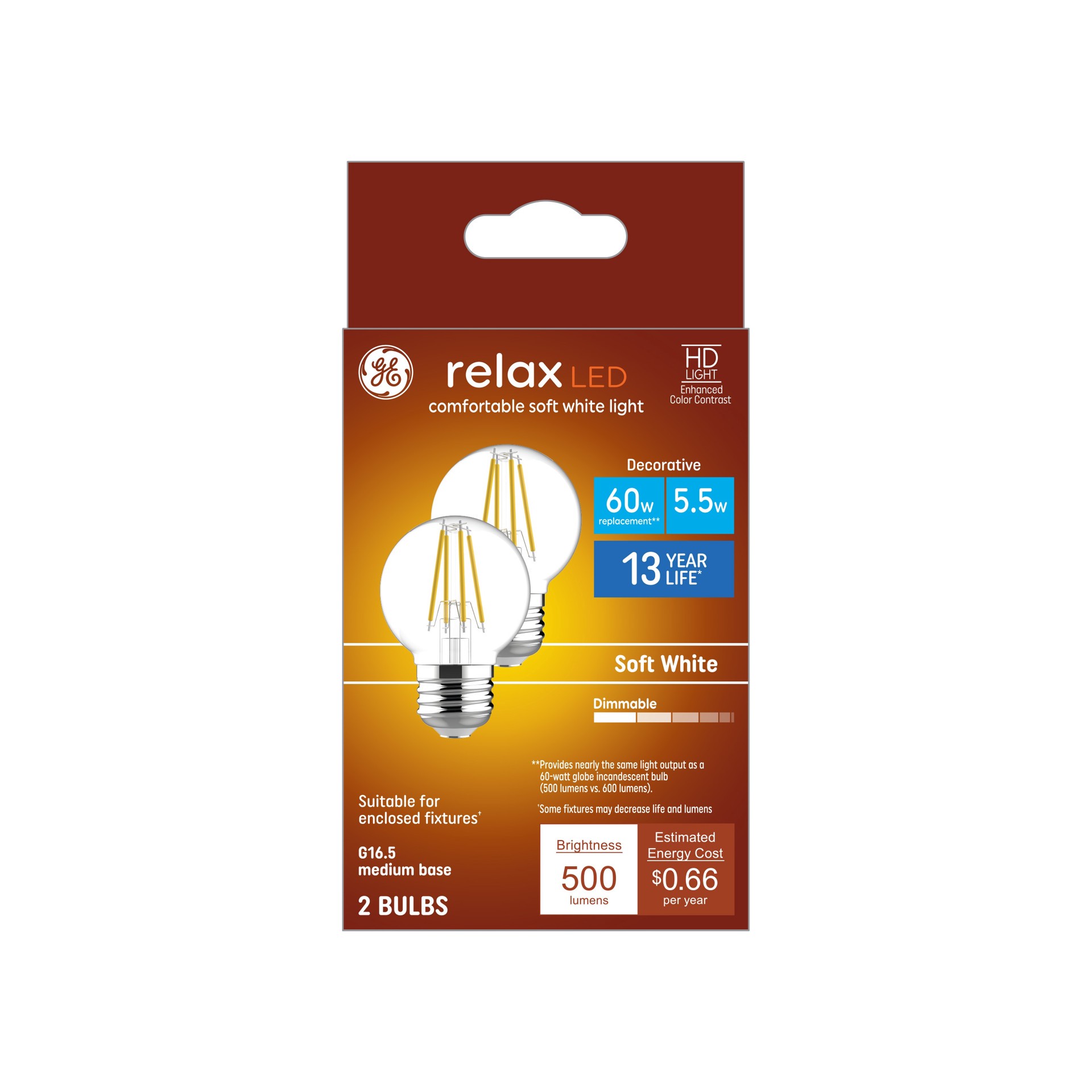 slide 4 of 6, GE 60 -Watt EQ G16.5 Soft white Medium base (E-26) Dimmable LED Decorative Light Bulb 2 -Pack, 1 ct