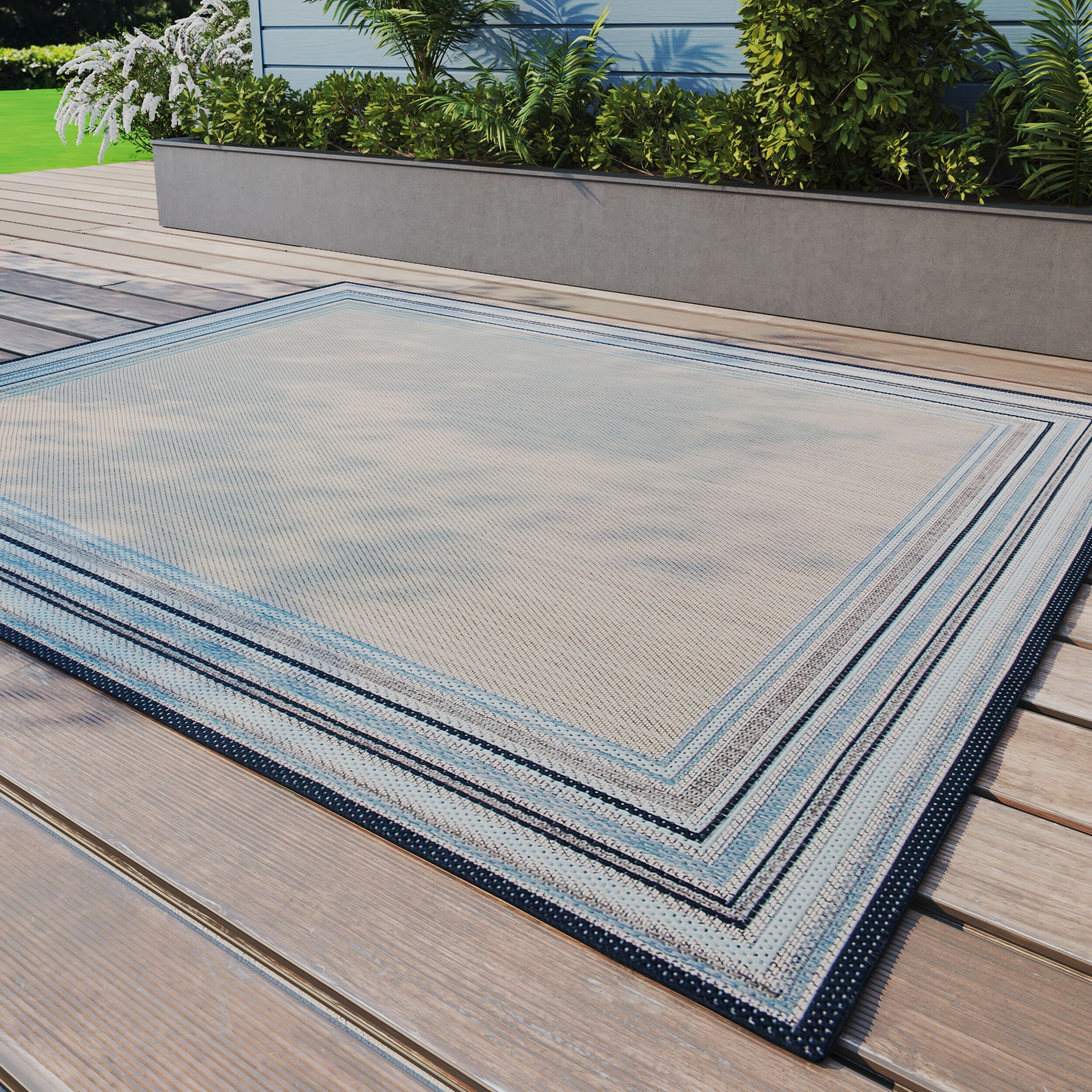 slide 4 of 6, allen + roth with STAINMASTER Blue Border 5 x 7 (ft) Loomed Blue Rectangular Outdoor Pet Friendly Area rug, 1 ct