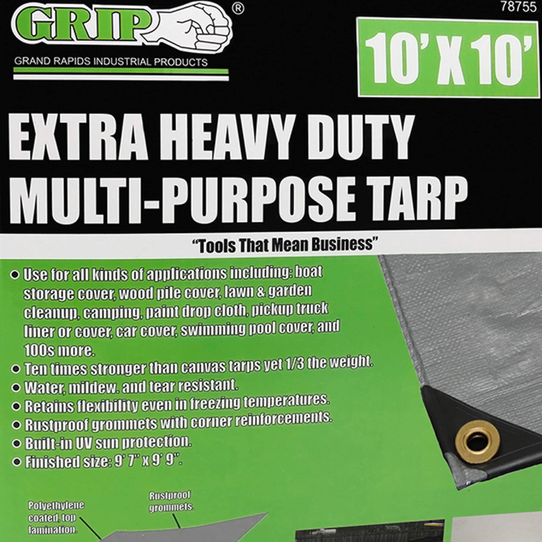 slide 4 of 4, Grip-on Tools 10-ft x 10-ft Gray Water resistant Standard Polyethylene 14-mil Tarp, 1 ct