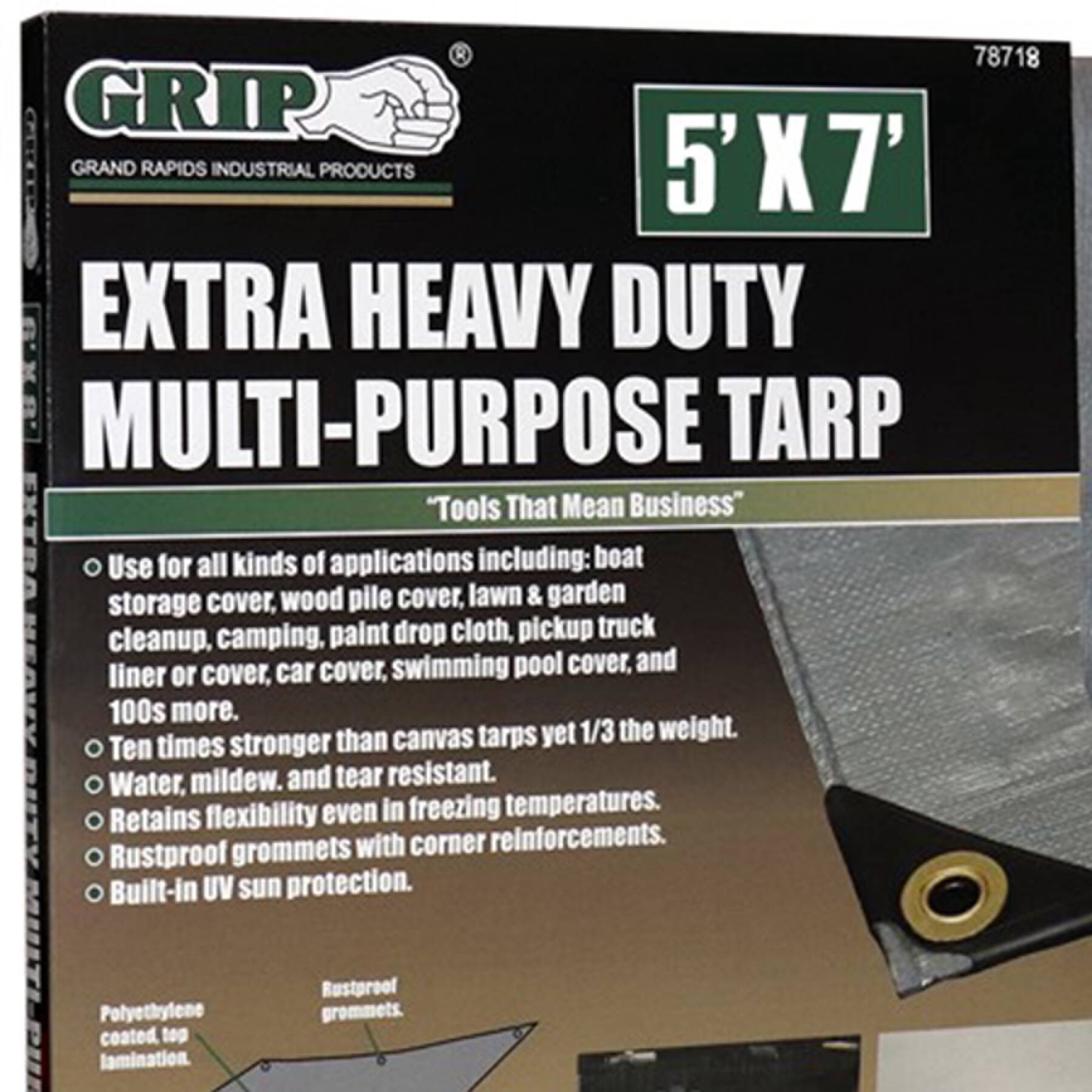 slide 4 of 4, Grip-on Tools 5-ft x 7-ft Gray Water resistant Standard Polyethylene 14-mil Tarp, 1 ct