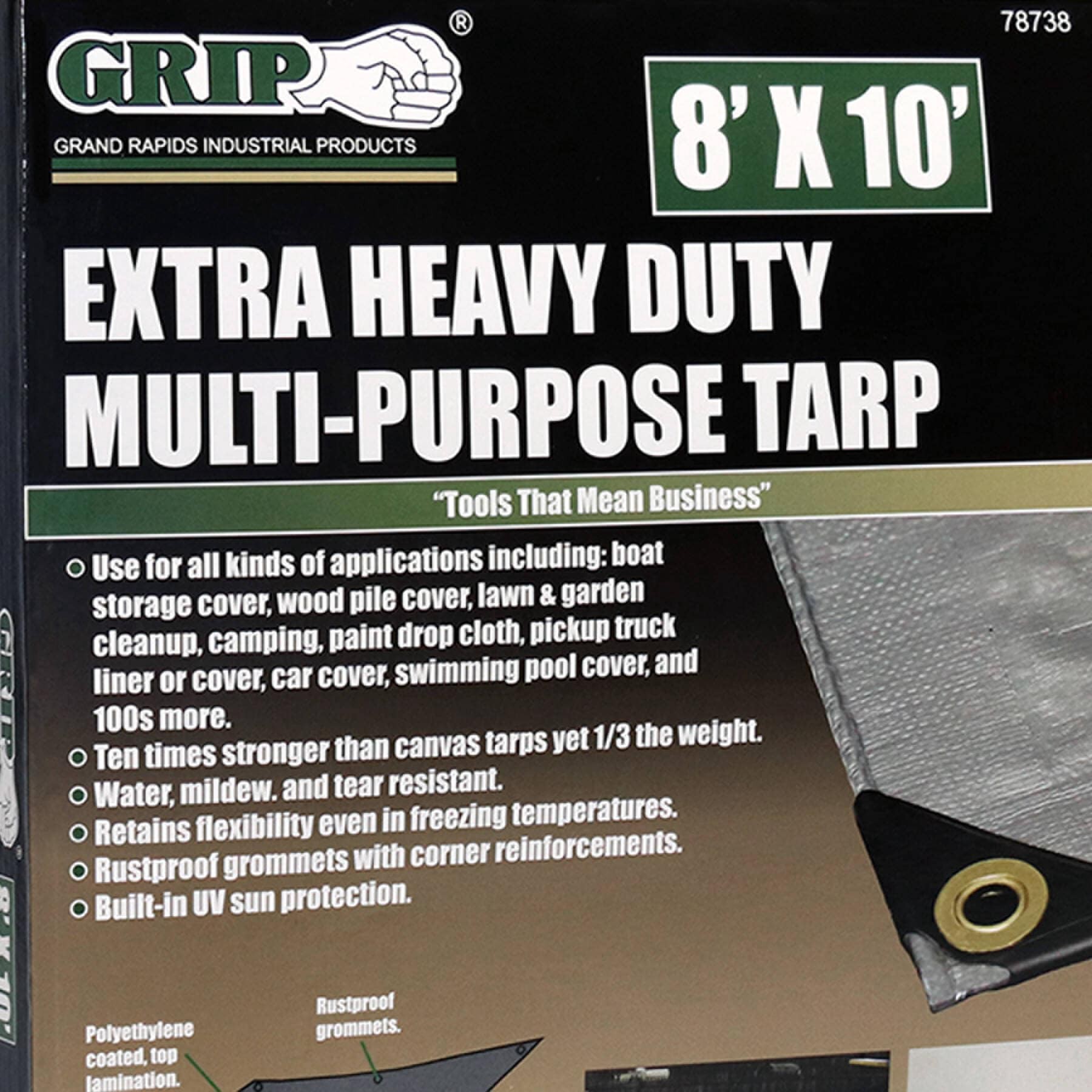 slide 4 of 4, Grip-on Tools 8-ft x 10-ft Gray Water resistant Standard Polyethylene 14-mil Tarp, 1 ct