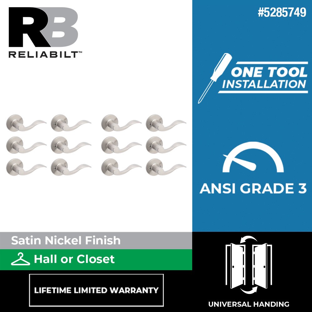 slide 2 of 6, RELIABILT Olivia Satin Nickel Interior or Hall/Closet Passage Door Handle Contractor Pack 6 -Pack, 1 ct