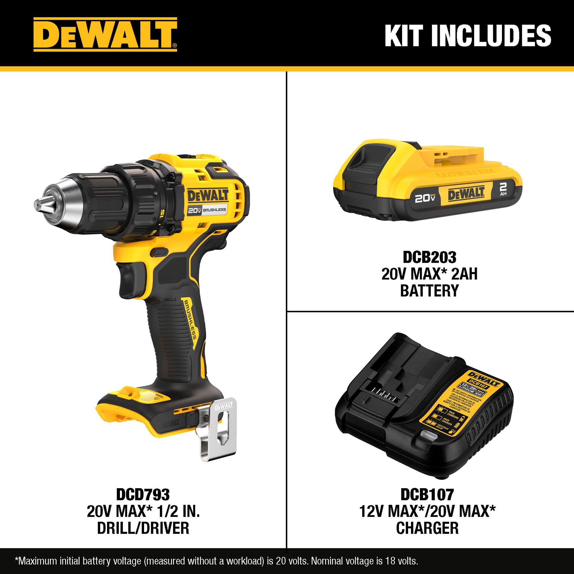 slide 2 of 6, DEWALT 20-volt Max 1/2-in Keyless Brushless Cordless Drill ( 1 -Batteries Included, and Charger Included ), 1 ct