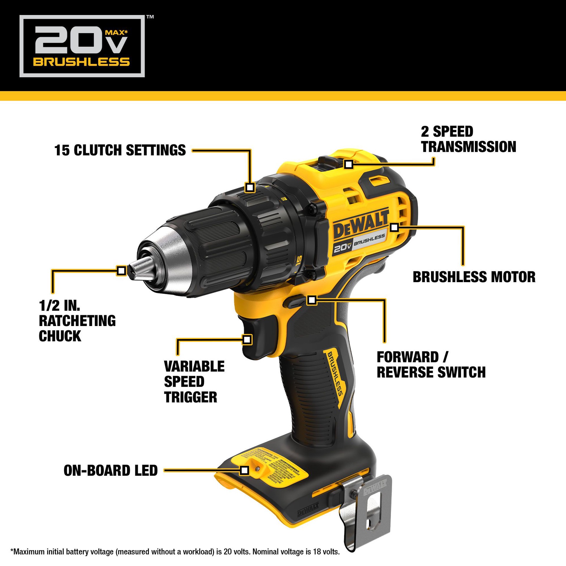 slide 3 of 6, DEWALT 20-volt Max 1/2-in Keyless Brushless Cordless Drill ( 1 -Batteries Included, and Charger Included ), 1 ct