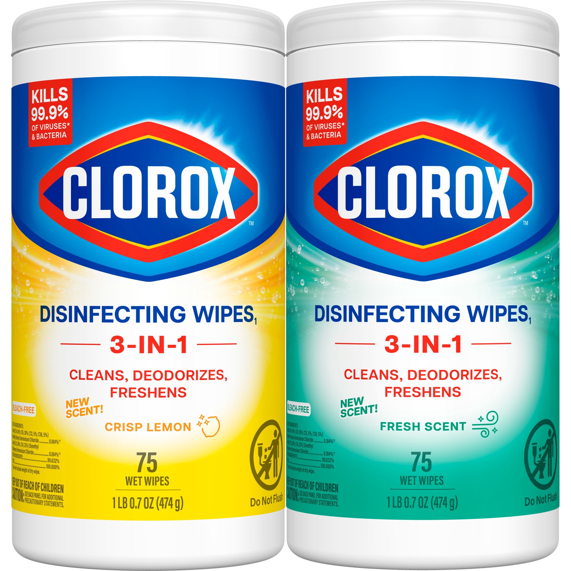 slide 3 of 6, Clorox 2 -Count Fresh Scent/Lemon Fresh Disinfectant Wipes All-Purpose Cleaner 2 -Pack, 1 ct