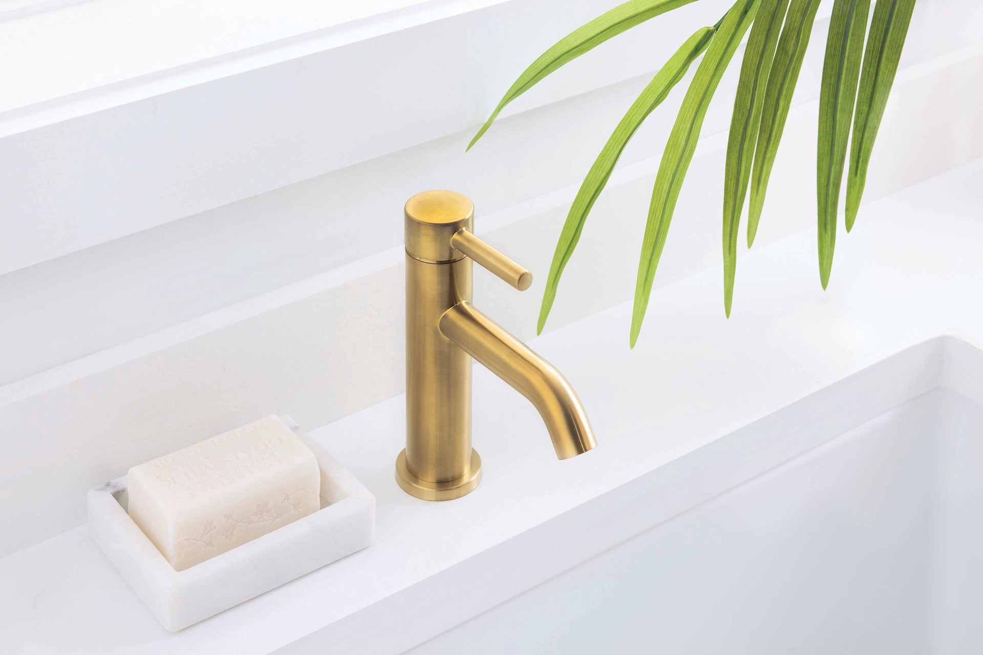 slide 6 of 6, allen + roth Harlow Brushed Gold Single hole 1-handle WaterSense Mid-arc Residential Handle Bathroom Sink Faucet with Drain with Deck Plate, 1 ct