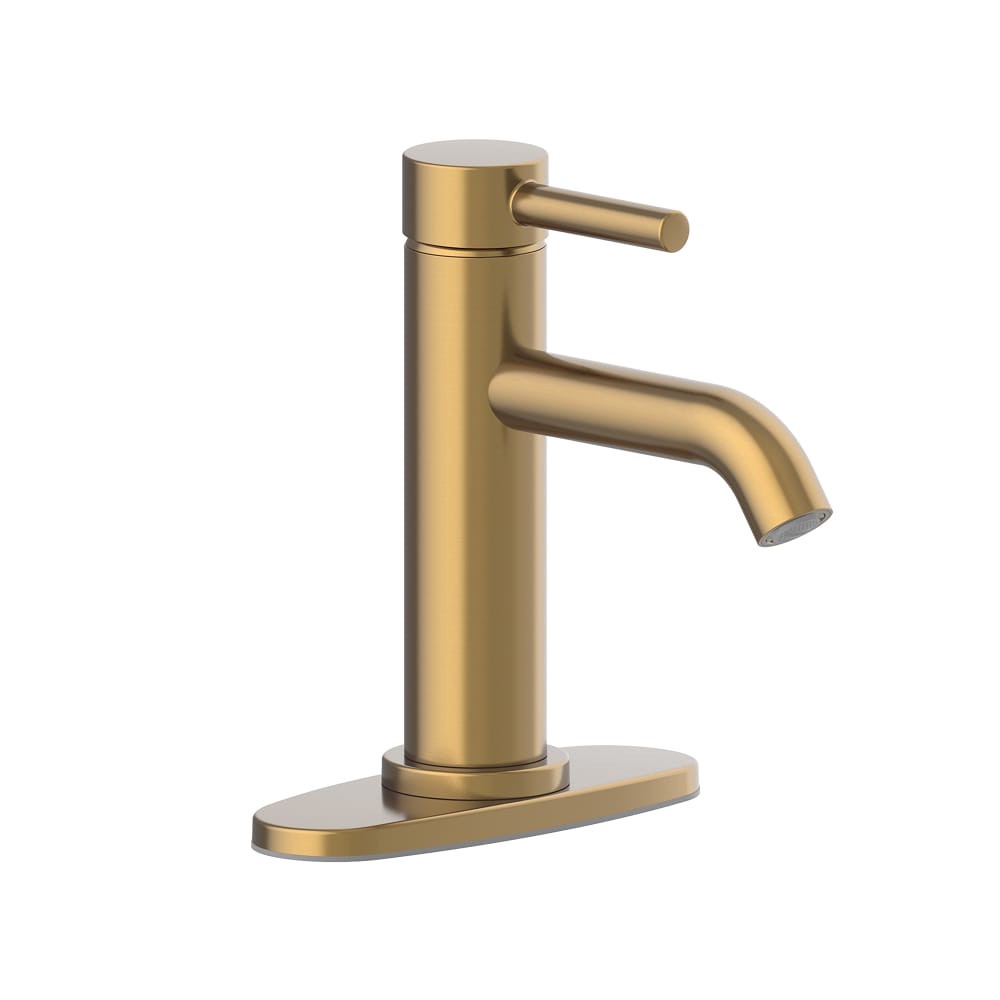 slide 3 of 6, allen + roth Harlow Brushed Gold Single hole 1-handle WaterSense Mid-arc Residential Handle Bathroom Sink Faucet with Drain with Deck Plate, 1 ct