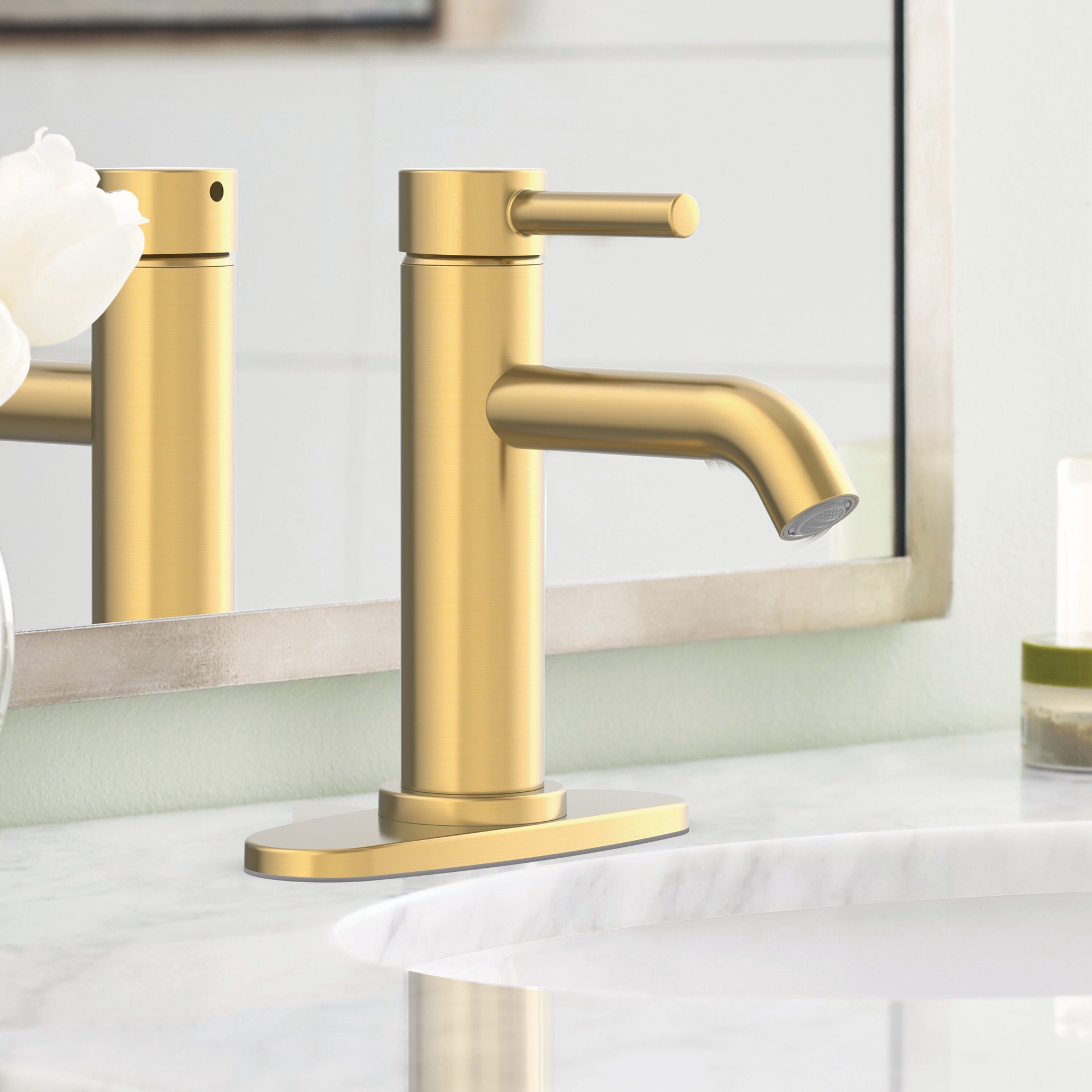 slide 1 of 6, allen + roth Harlow Brushed Gold Single hole 1-handle WaterSense Mid-arc Residential Handle Bathroom Sink Faucet with Drain with Deck Plate, 1 ct
