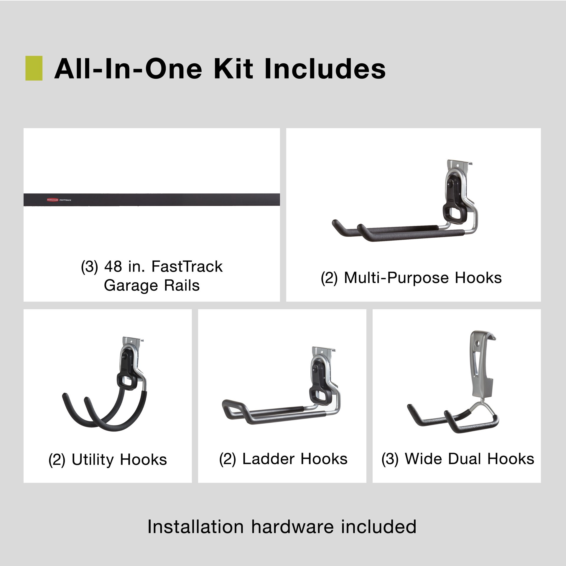 slide 6 of 6, Rubbermaid FastTrack Garage 12 -Piece 48-in Black/Silver Steel Multipurpose Storage rail system, 1 ct