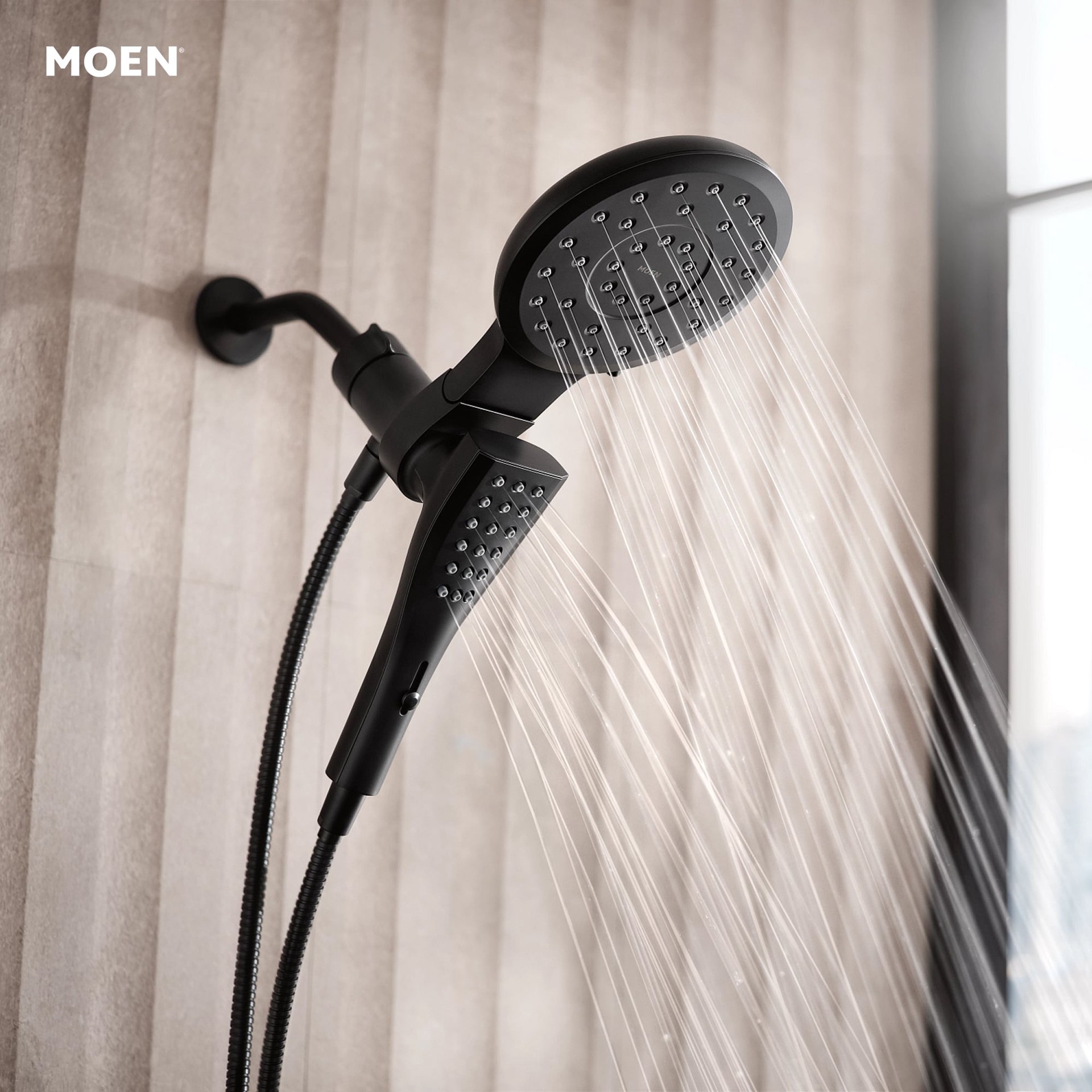 slide 2 of 6, Moen Verso 8.0 -Spray Matte Black 7-in Round Rain Shower Head with Handheld Combo 1.75 GPM, 1 ct