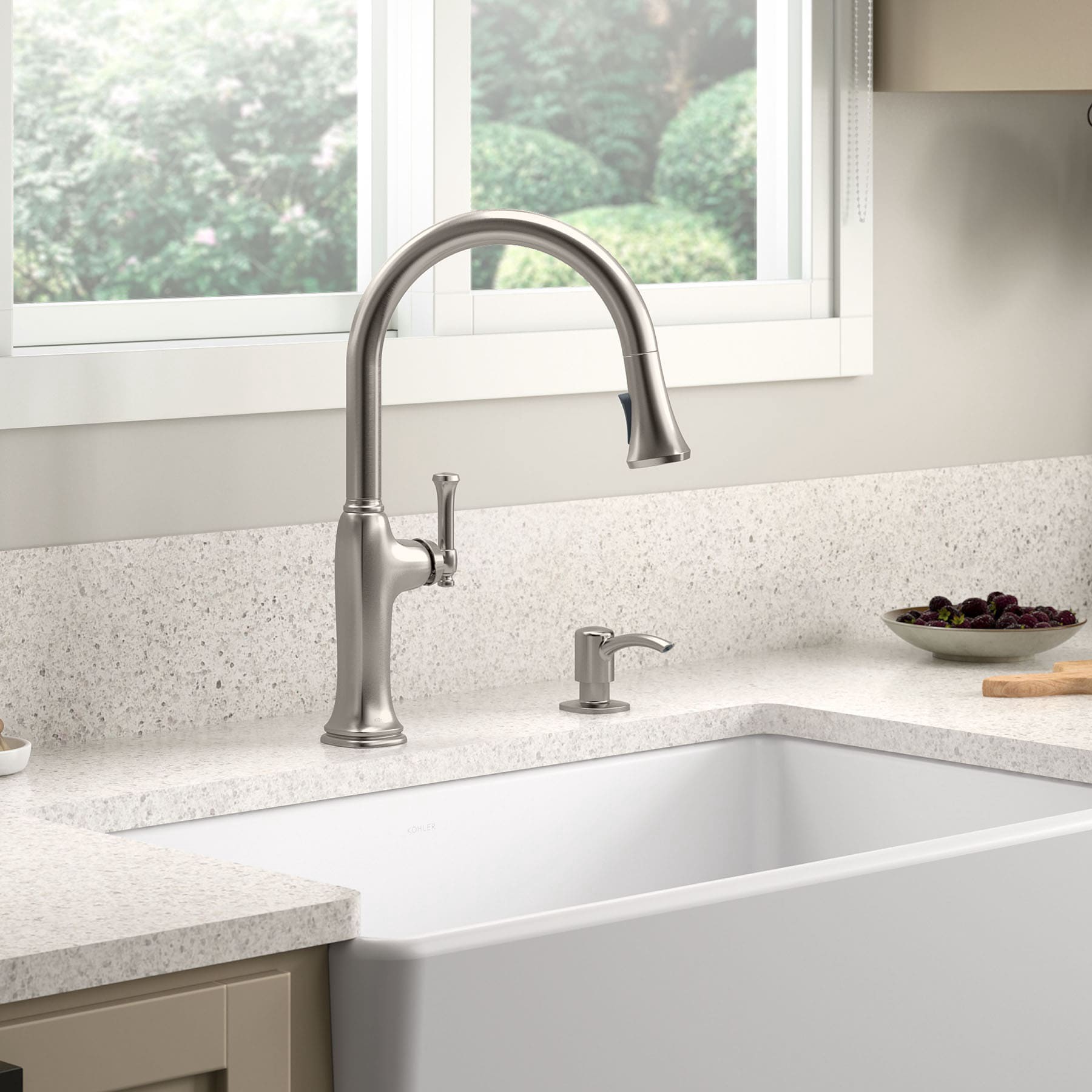 slide 2 of 6, KOHLER Kanan Vibrant Stainless Single Handle Deck-mount Pull-down Kitchen Faucet with Sprayer (Includes Deck Plate) (Includes Soap Dispenser), 1 ct