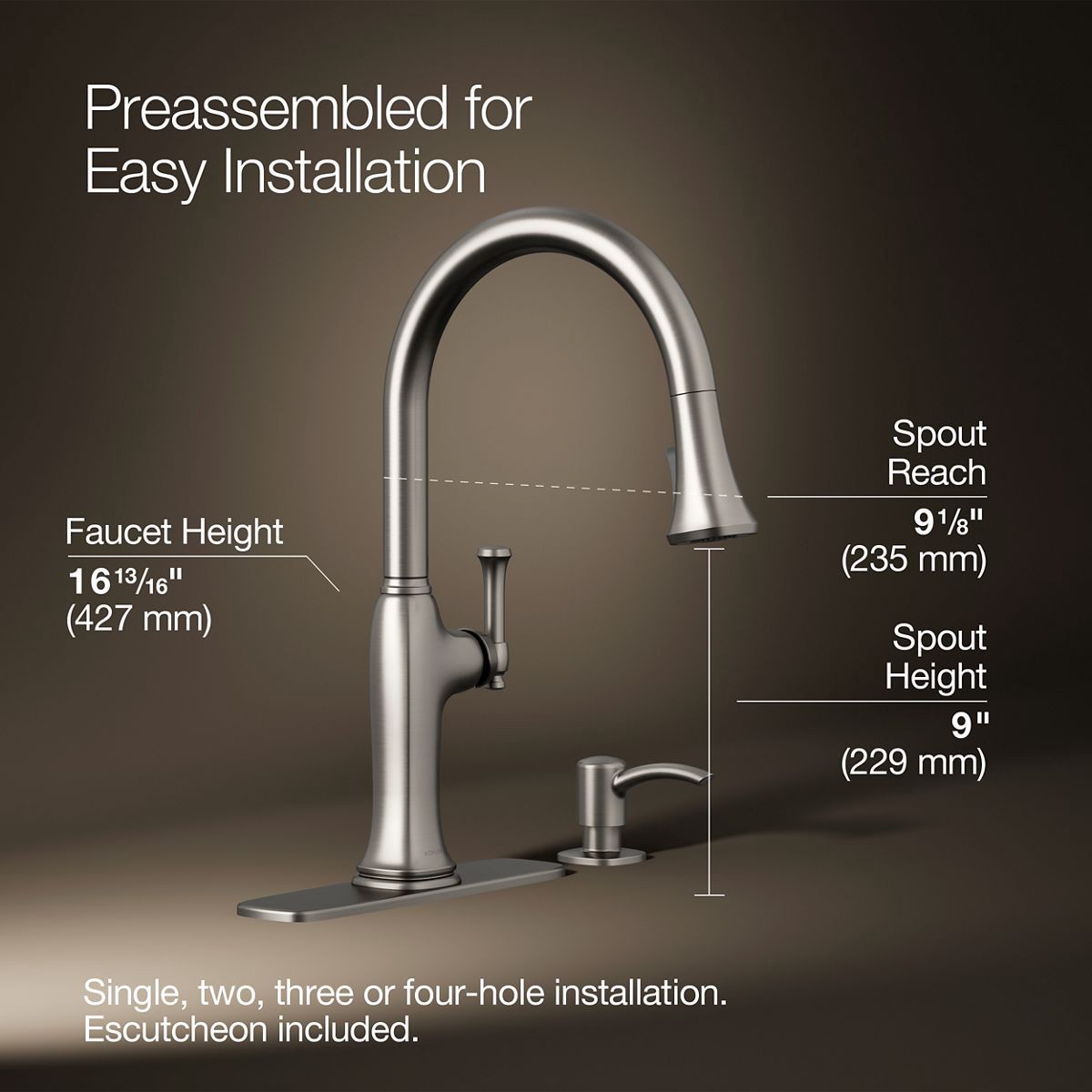 slide 3 of 6, KOHLER Kanan Vibrant Stainless Single Handle Deck-mount Pull-down Kitchen Faucet with Sprayer (Includes Deck Plate) (Includes Soap Dispenser), 1 ct