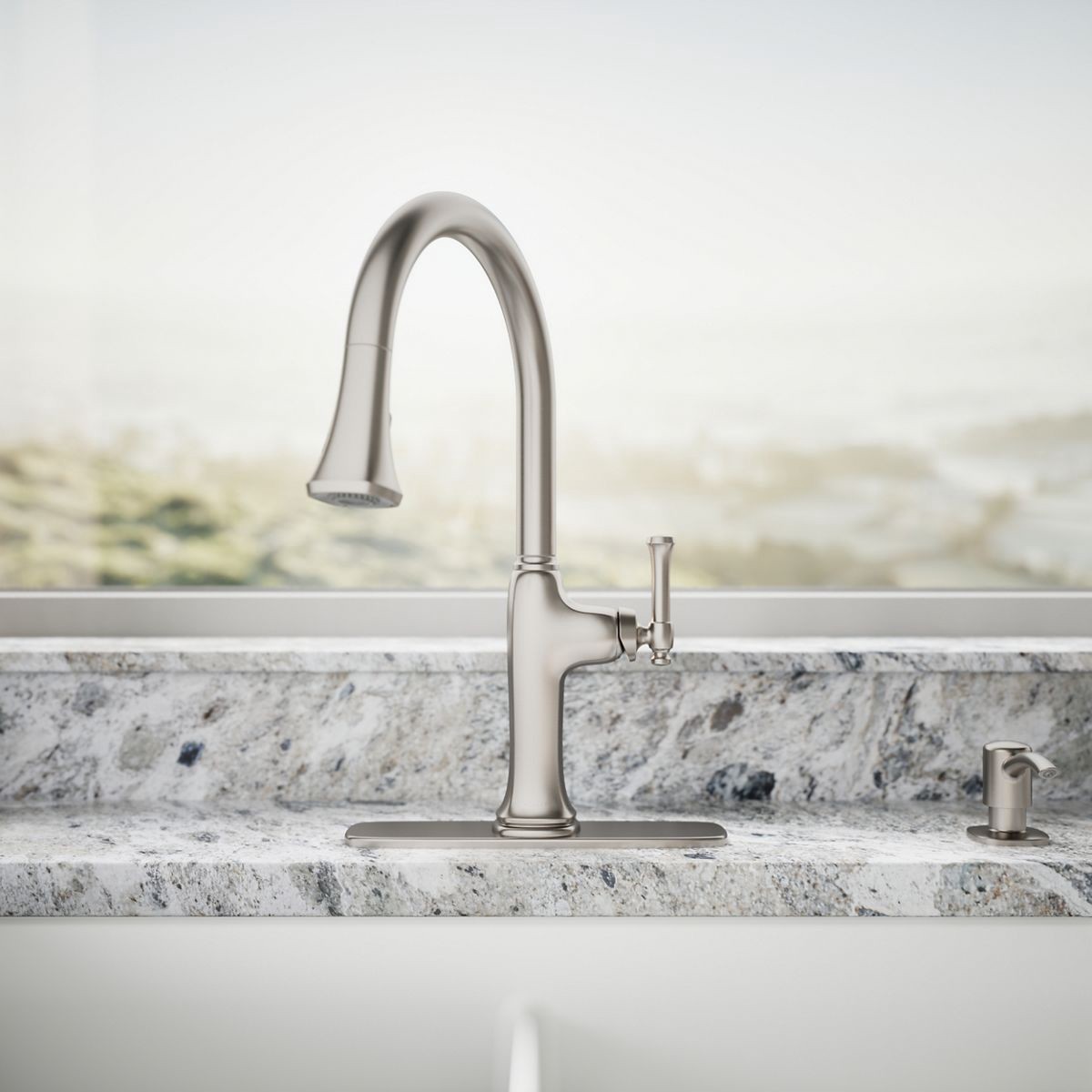 slide 5 of 6, KOHLER Kanan Vibrant Stainless Single Handle Deck-mount Pull-down Kitchen Faucet with Sprayer (Includes Deck Plate) (Includes Soap Dispenser), 1 ct