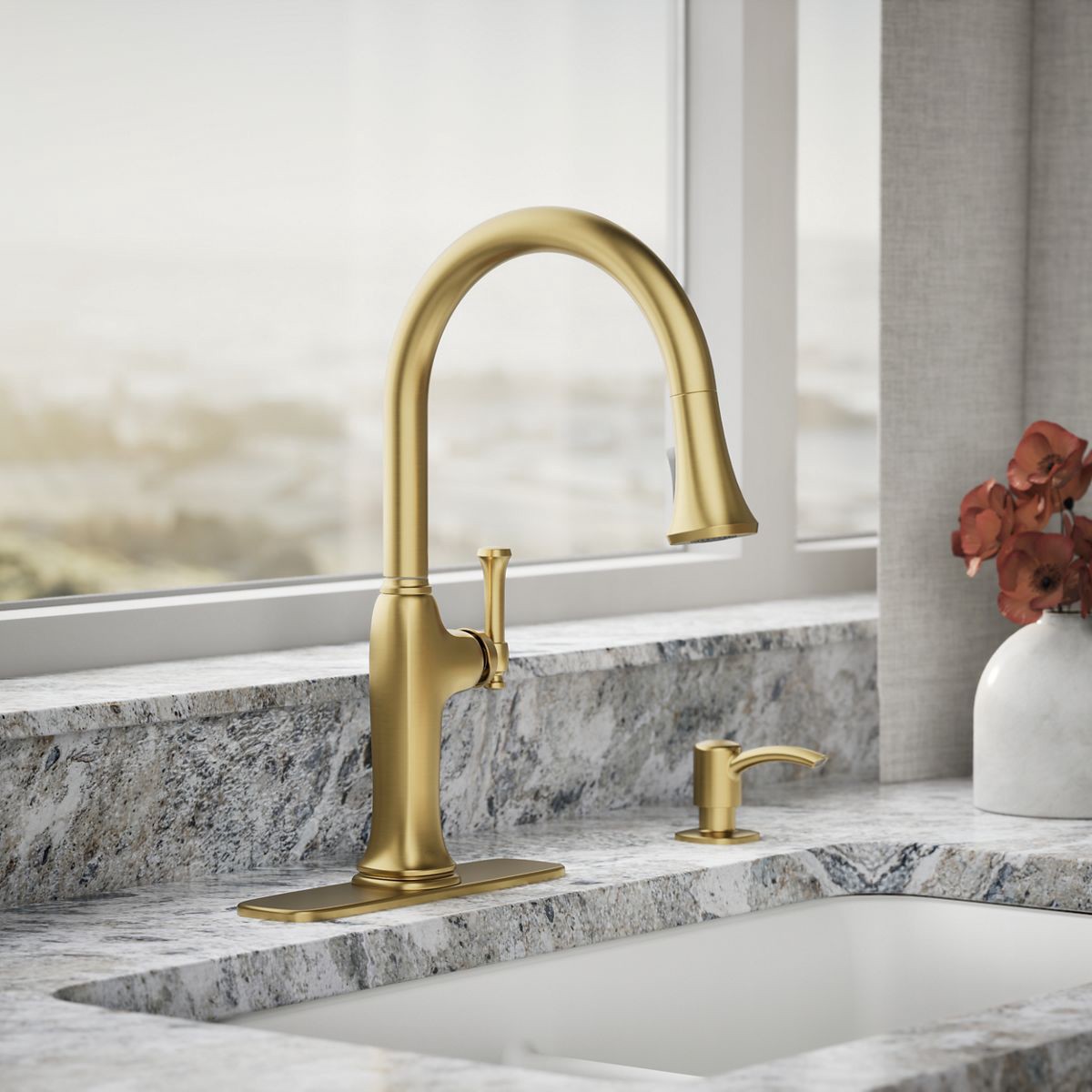 slide 2 of 6, KOHLER Kanan Vibrant Brushed Moderne Brass Single Handle Deck-mount Pull-down Kitchen Faucet with Sprayer (Includes Deck Plate) (Includes Soap Dispenser), 1 ct