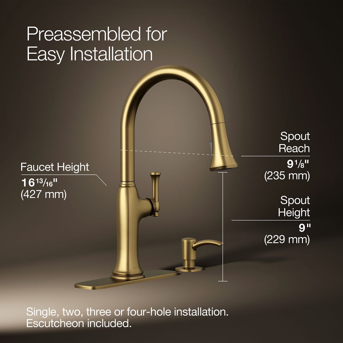 slide 3 of 6, KOHLER Kanan Vibrant Brushed Moderne Brass Single Handle Deck-mount Pull-down Kitchen Faucet with Sprayer (Includes Deck Plate) (Includes Soap Dispenser), 1 ct