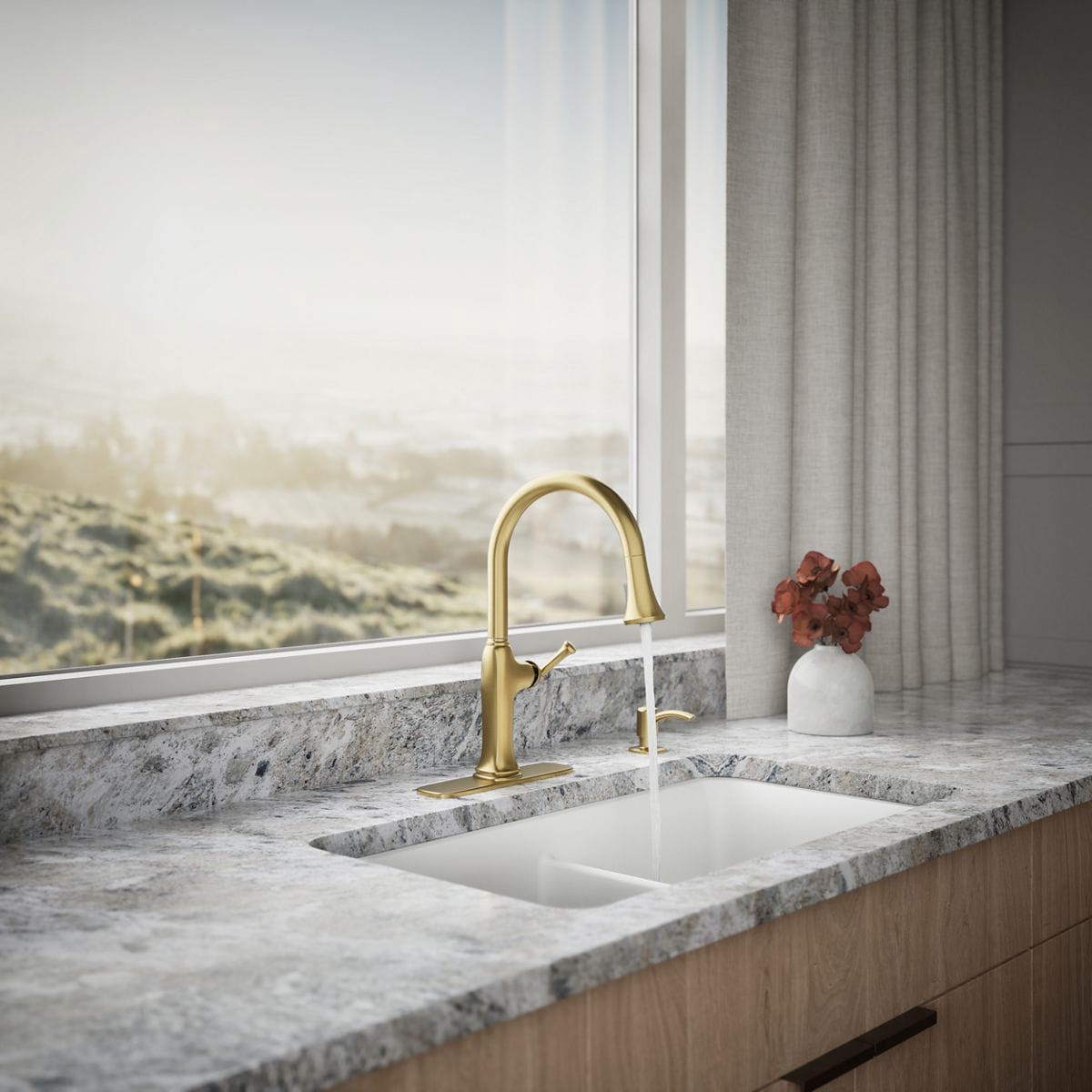 slide 4 of 6, KOHLER Kanan Vibrant Brushed Moderne Brass Single Handle Deck-mount Pull-down Kitchen Faucet with Sprayer (Includes Deck Plate) (Includes Soap Dispenser), 1 ct