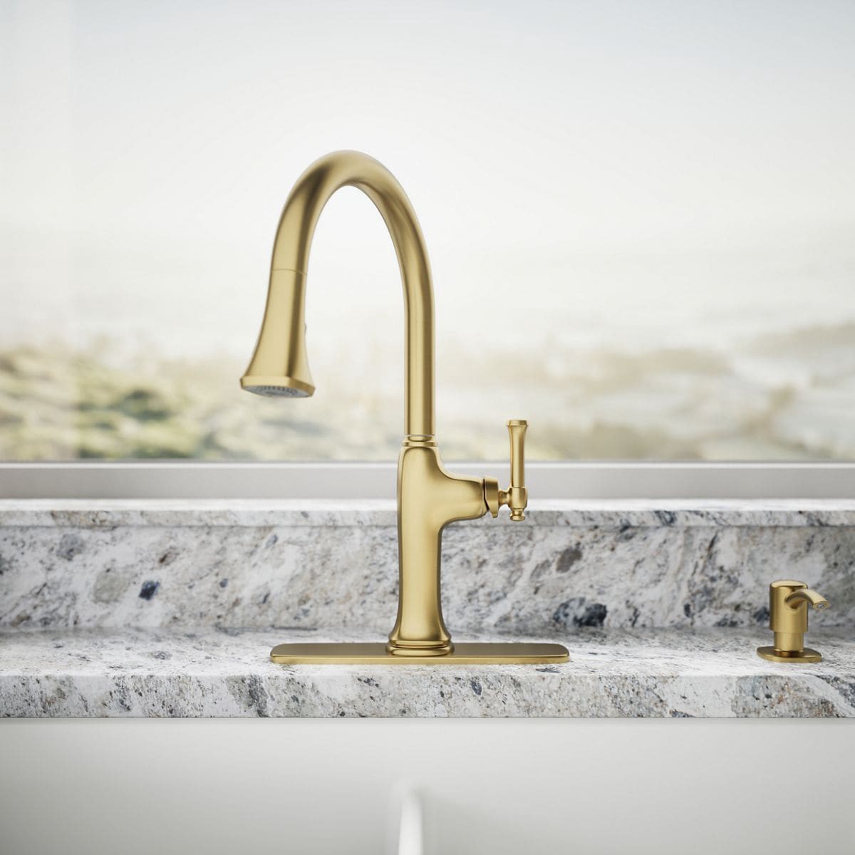 slide 5 of 6, KOHLER Kanan Vibrant Brushed Moderne Brass Single Handle Deck-mount Pull-down Kitchen Faucet with Sprayer (Includes Deck Plate) (Includes Soap Dispenser), 1 ct