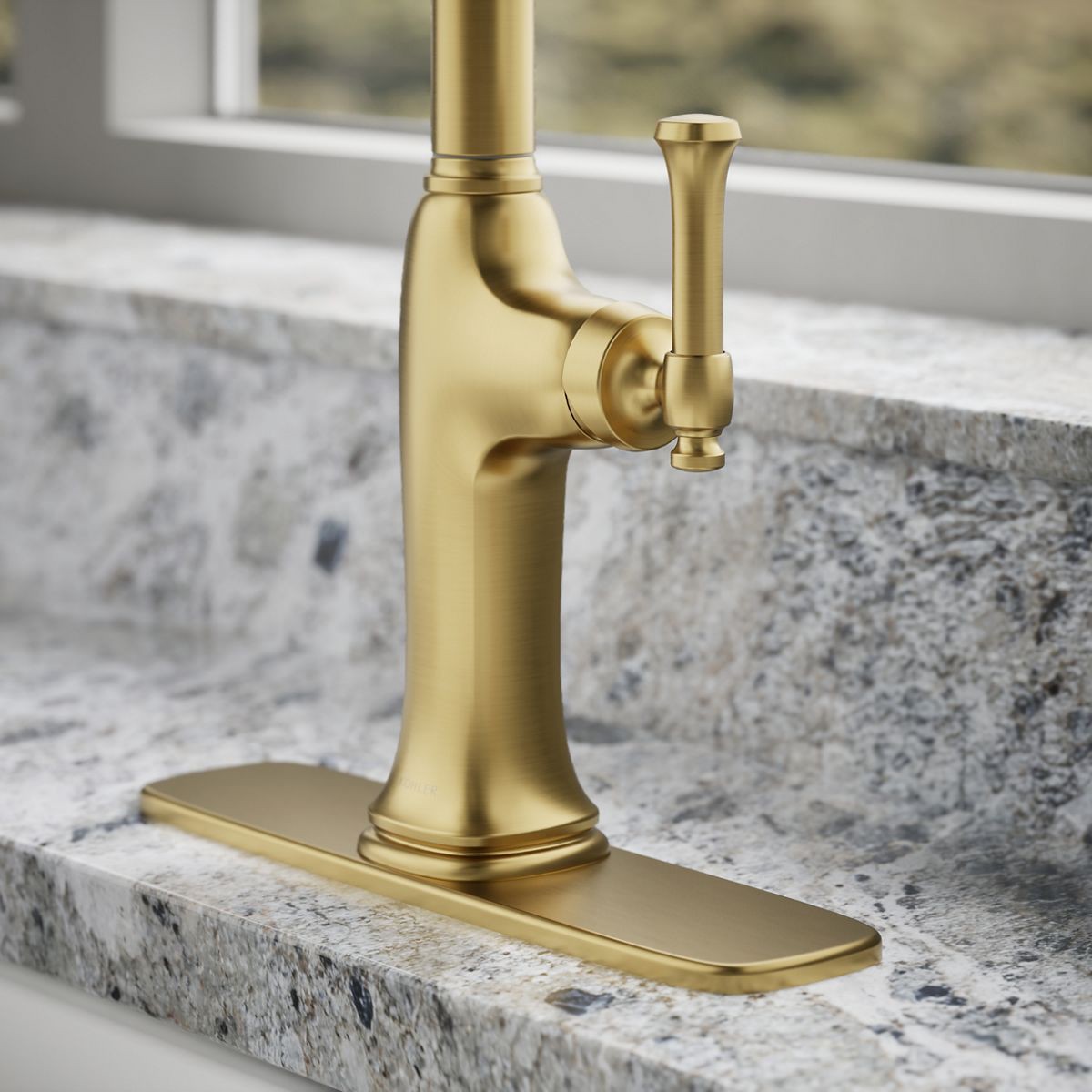 slide 6 of 6, KOHLER Kanan Vibrant Brushed Moderne Brass Single Handle Deck-mount Pull-down Kitchen Faucet with Sprayer (Includes Deck Plate) (Includes Soap Dispenser), 1 ct