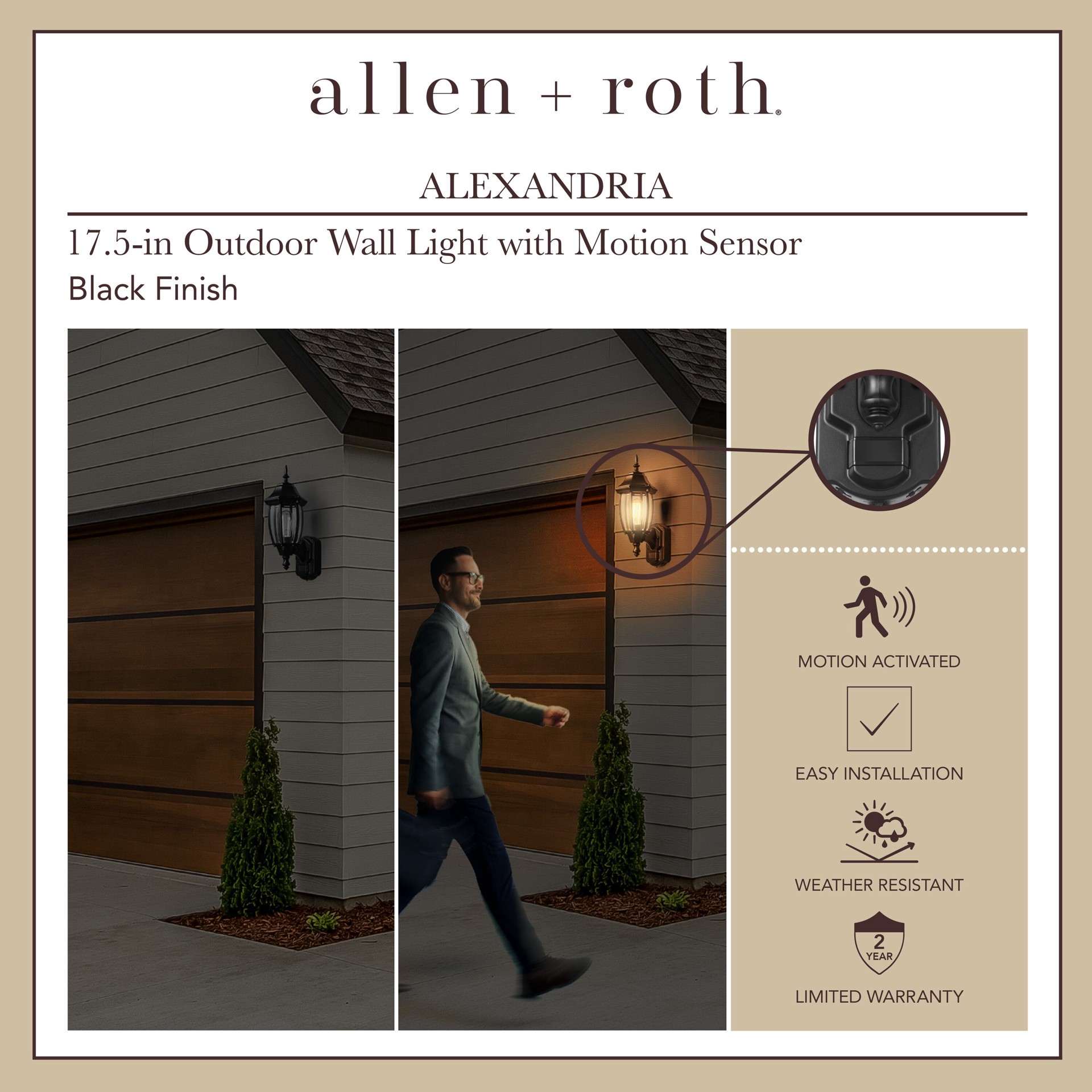 slide 4 of 6, allen + roth Alexandria 1 -Light 17.5-in H Black Hardwired Motion Sensor Outdoor Wall Light, 1 ct