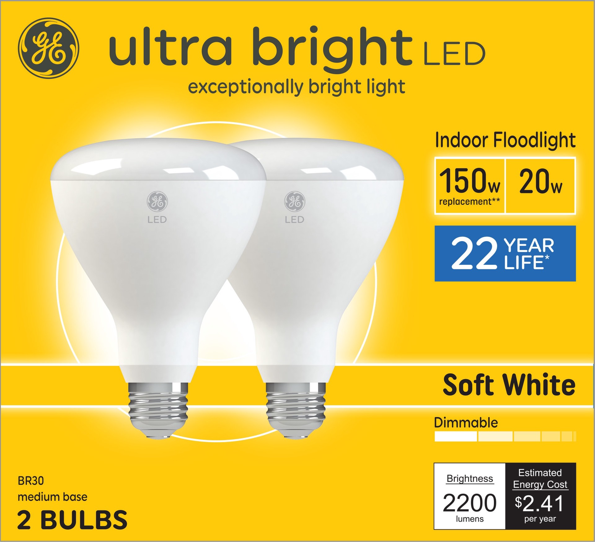 slide 1 of 6, GE Ultra Bright 150 -Watt EQ BR30 Soft white Medium screw base E26 Dimmable LED Spot Flood Light Bulb 2 -Pack, 1 ct